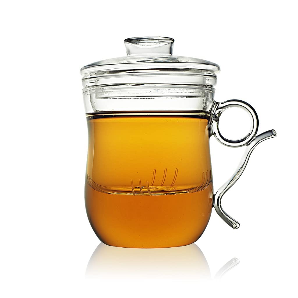 Premium 350ml Glass Teapot Infuser Mug with Removable Strainer - Ultra Clear Loose Tea Cup with Drip Catcher Lid - Perfect for Home, Office & Tea Ceremonies