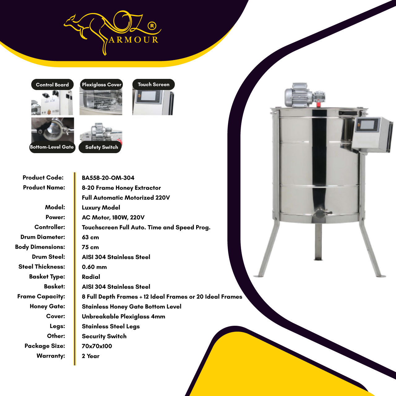 OZ ARMOUR 8 20 Frames Electric Honey Extractor - Fully Automatic Stainless Steel Beekeeping Equipment for Home & Commercial Use | Perfect for Harvesting Pure Honey from Beehives