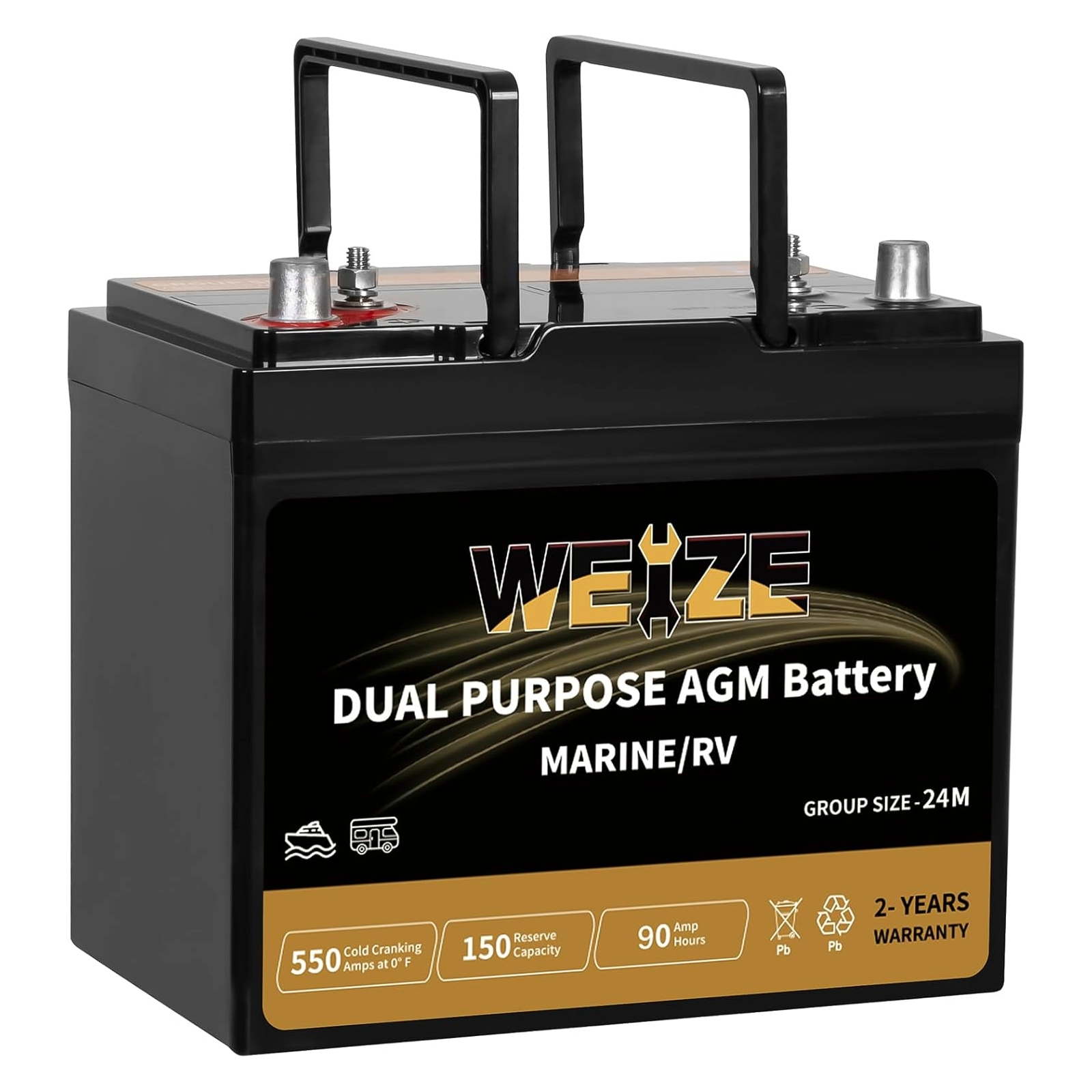 WEIZE Dual Purpose AGM Battery BCI Group 24M - 12V 90AH Sealed Marine & RV Battery with 150RC & 550CCA - Perfect for Boats, RVs, and Off-Grid Power Systems