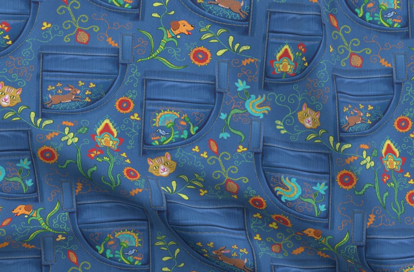 Denim Red Orange Turquoise Fabric - Fat Quarter for Sewing & Decor
