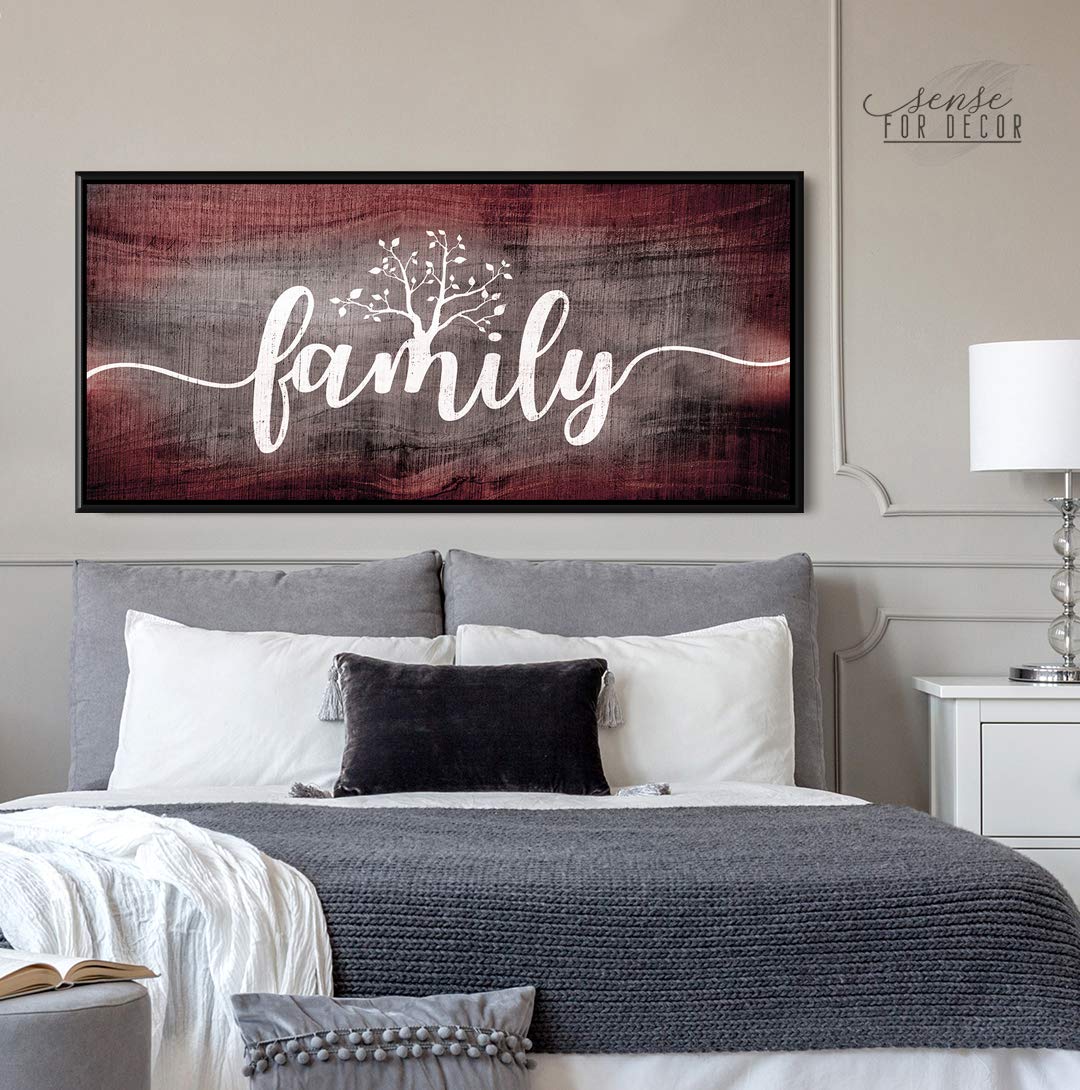 Farmhouse Family Word Sign Wall Art - Large Ready to Hang Living Room Decor with Black Floating Frame (Wine Red, 42x19 Inches) - Perfect for Country Style Homes, Rustic Weddings & Cozy Farmhouse Interiors