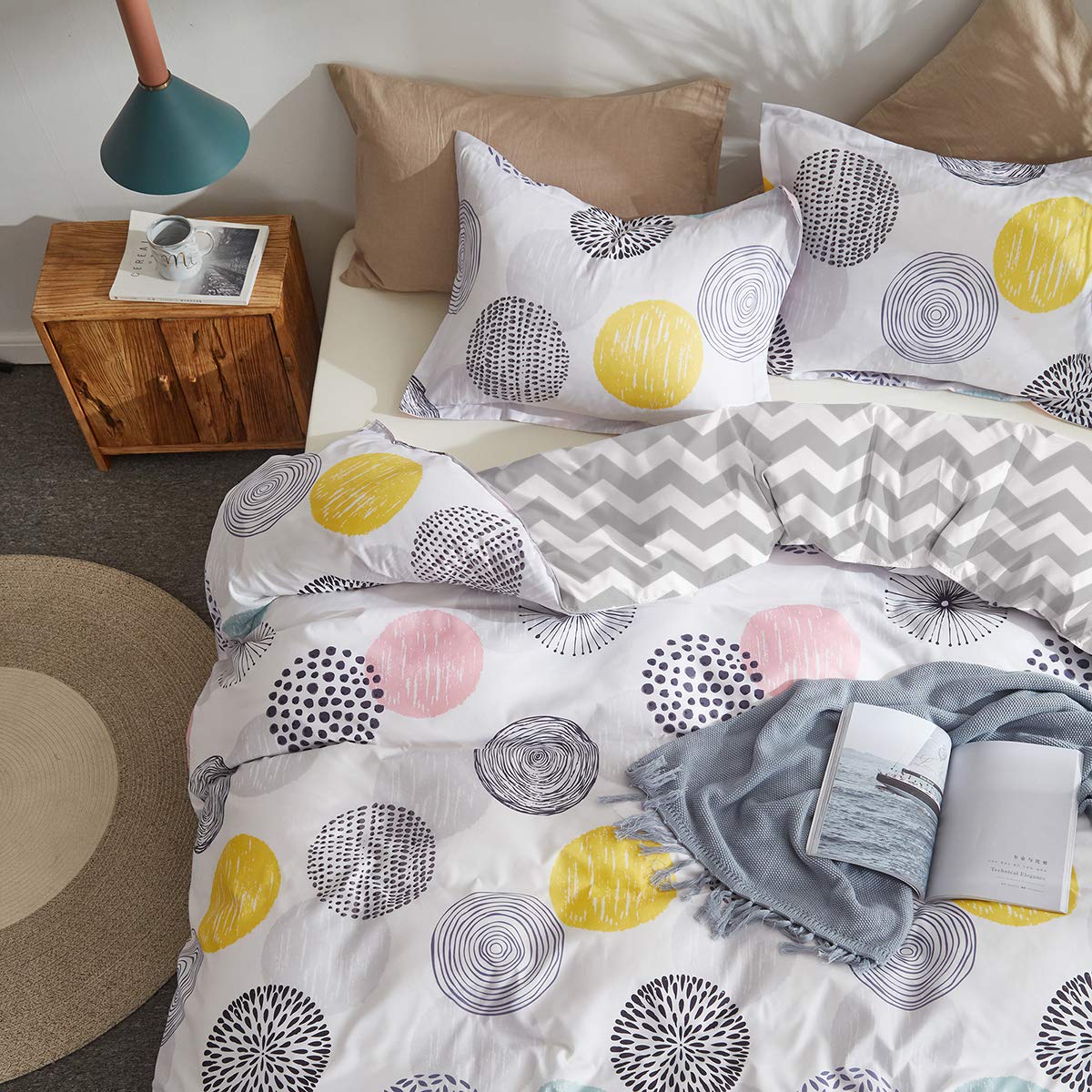 3 Piece Twin Duvet Cover Set - 1 Summer Comforter Cover & 2 Pillow Shams with Zipper Closure & Corner Ties | 800 Thread Count Soft Cotton | Pink Gray Yellow Polka Dot Design | Perfect for Teen Girls' Bedroom Decor & Dorm Room Essentials