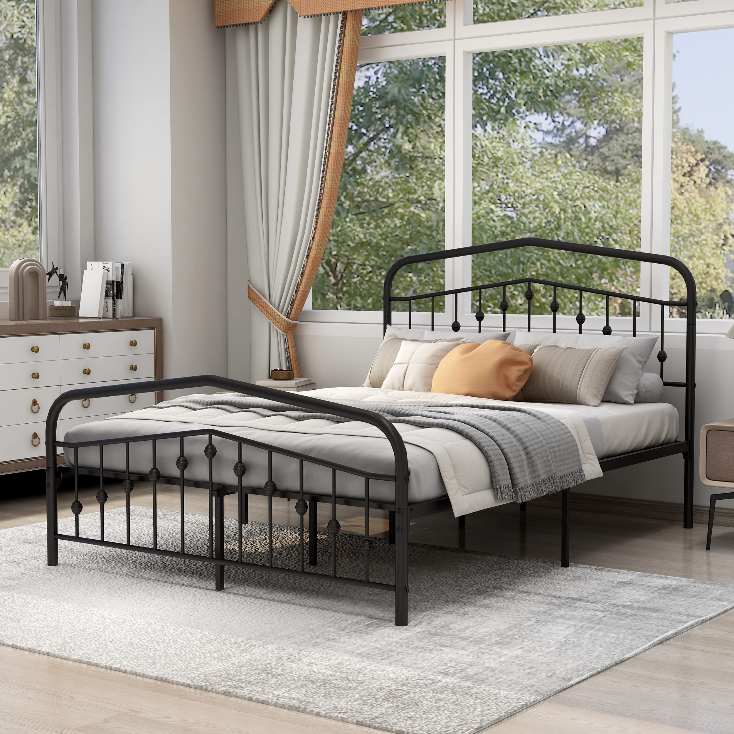 Zoophyter Queen Size Metal Platform Bed Frame with Headboard & Footboard - No Box Spring Needed, Sturdy Steel Slat Support, Black - Perfect for Modern Bedrooms, Guest Rooms & Small Spaces
