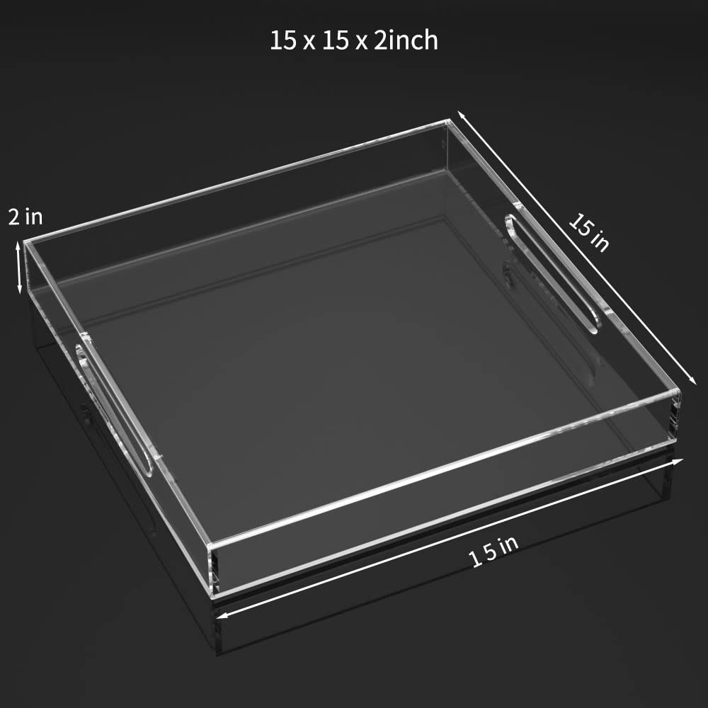 NIUBEE 15x15 Inches Clear Acrylic Serving Tray - Spill Proof Decorative Organizer with Handles for Coffee Table, Ottoman, Countertop - Perfect for Entertaining, Bathroom Storage & Bedroom Decor