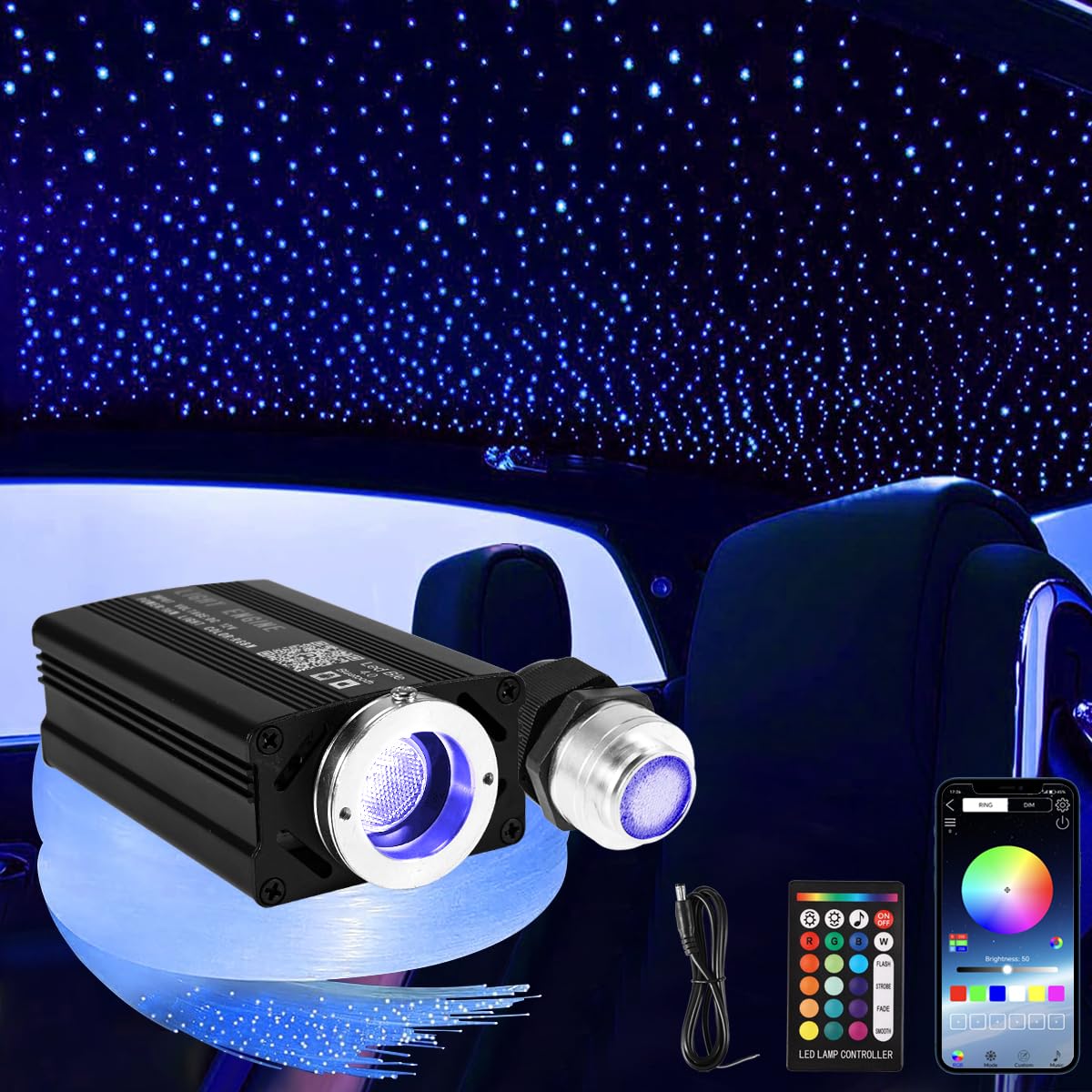 APLOS 16W Fiber Optic Starlight Headliner Kit - Twinkle & Meteor Effects, RGBW Sound Activated LED Lights with Bluetooth APP & Remote Control (0.75mm, 6.5ft/2m, 500pcs) for Car Ceiling, Bedroom & Home Decoration - Perfect for Parties, Relaxation & Mood Lighting