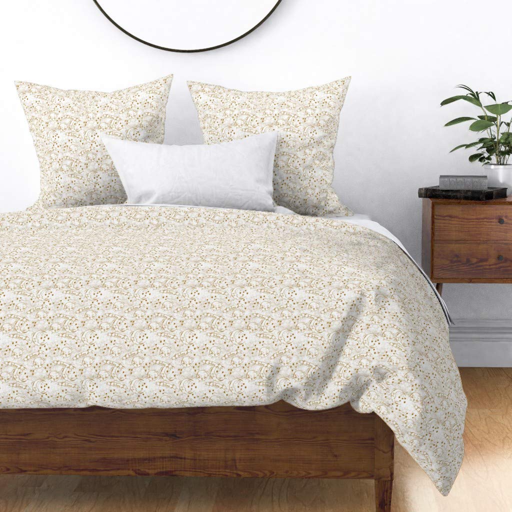 Zodiac Neutral Gold Moon Stars Cotton Sateen Duvet Cover - Full/Queen Size Custom Bedding for Nursery, Teen Room & Bohemian Bedroom Decor
