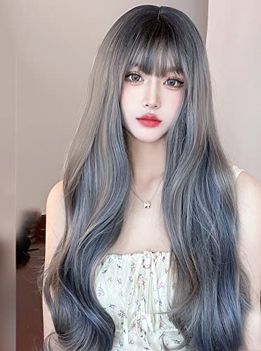 Gray Blue Gradient Long Curly Synthetic Lolita Wig with Bangs | Japanese Cosplay & Party Costume | Natural Looking Women's Wig for Anime Conventions & Themed Events
