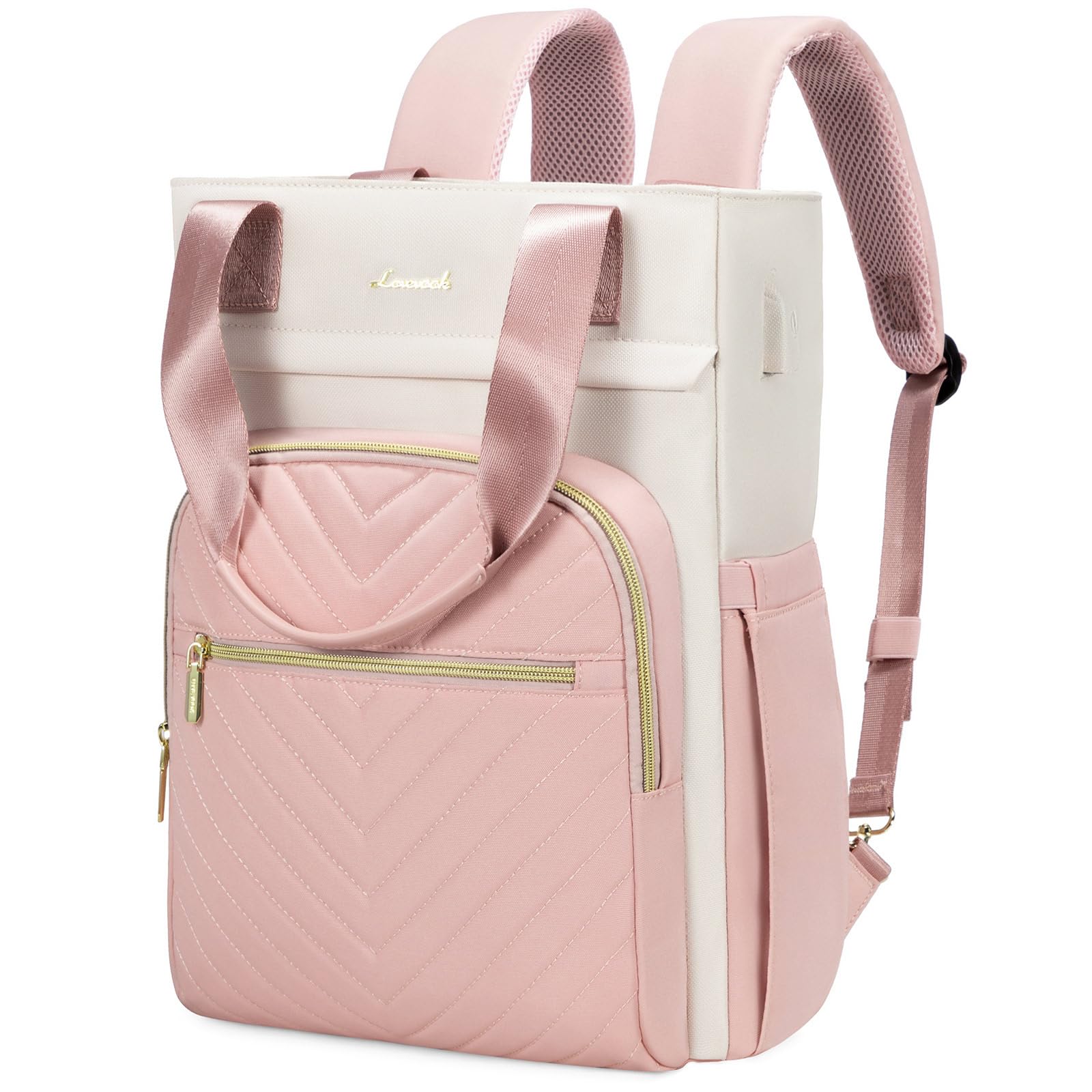 LOVEVOOK 15.6 Inch Laptop Backpack for Women - Stylish Waterproof Work & Business Bag with USB Port, Wide Top Open Design, Perfect for Travel, School, Office, and Everyday Use, Pink-White