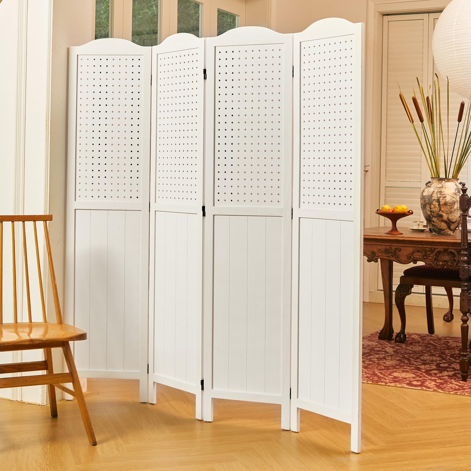 4 Panel Wooden Pegboard Display - 5.75Ft Freestanding Room Divider & Privacy Screen for Craft Fairs, Exhibitions, Trade Shows - White Folding Partition for Booth Decoration & Retail Display - Perfect for Craft Rooms, Home Offices, and Event Spaces