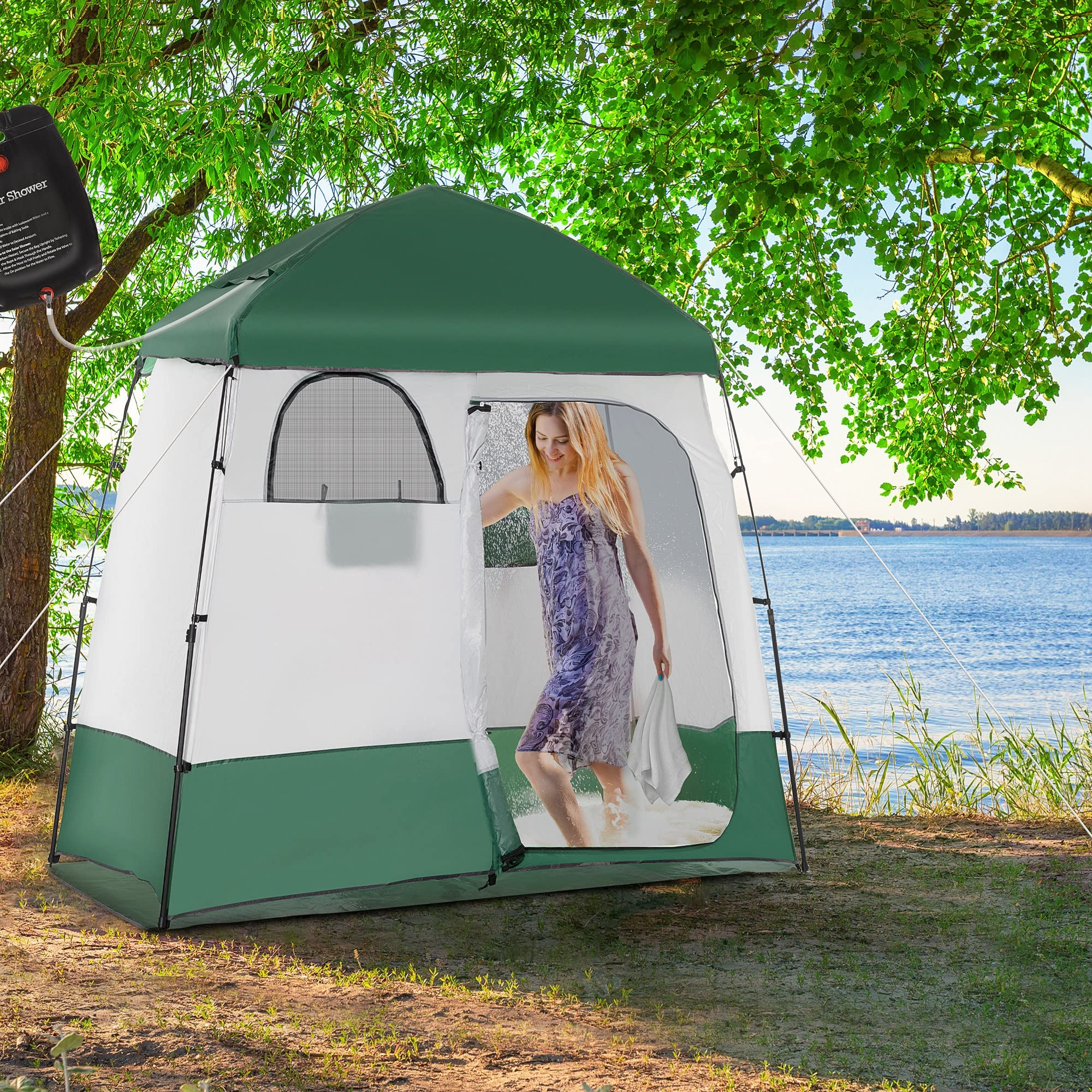 Outsunny Pop Up Shower Tent - 2 Room Portable Privacy Shelter for Camping, Beach, Outdoor Shower & Changing Room w/ Shower Bag, Floor Mat & Carrying Case | Perfect for RV Trips, Backpacking & Beach Days