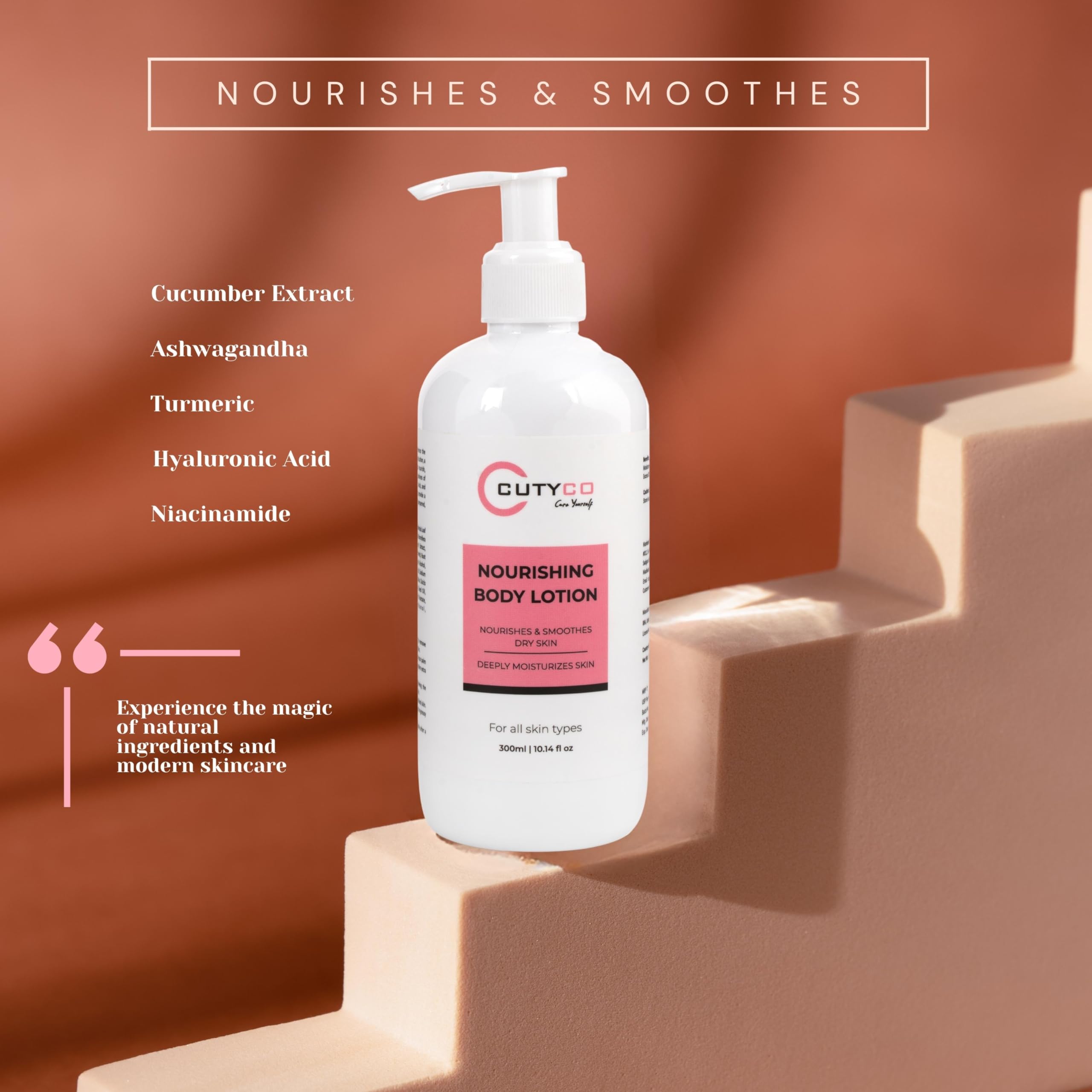 CUTYCO Hydrating Body Lotion with Cucumber Extract, Ashwagandha, Turmeric, Hyaluronic Acid & Niacinamide - 300ml for Glowing Skin | Moisturizing Dry Skin, Daily Hydration, Post-Shower Care