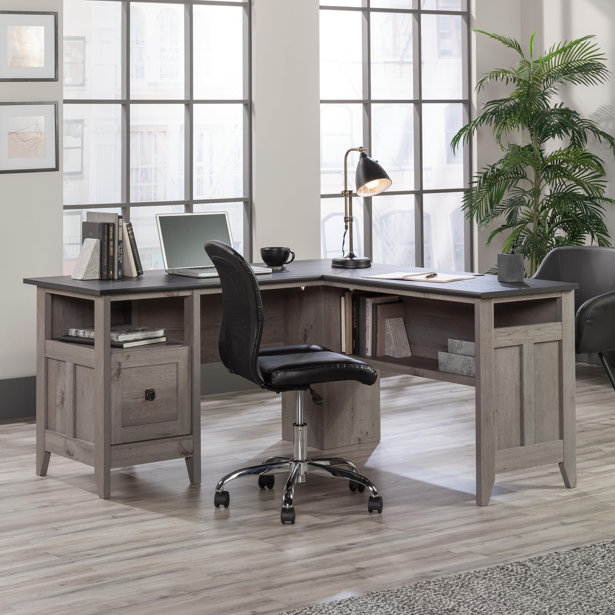 Sauder August Hill L-Shaped Farmhouse Office Desk - Corner Computer Desk with File Drawer & Cable Management in Mystic Oak Finish | Perfect for Home Office, Study Room & Small Spaces