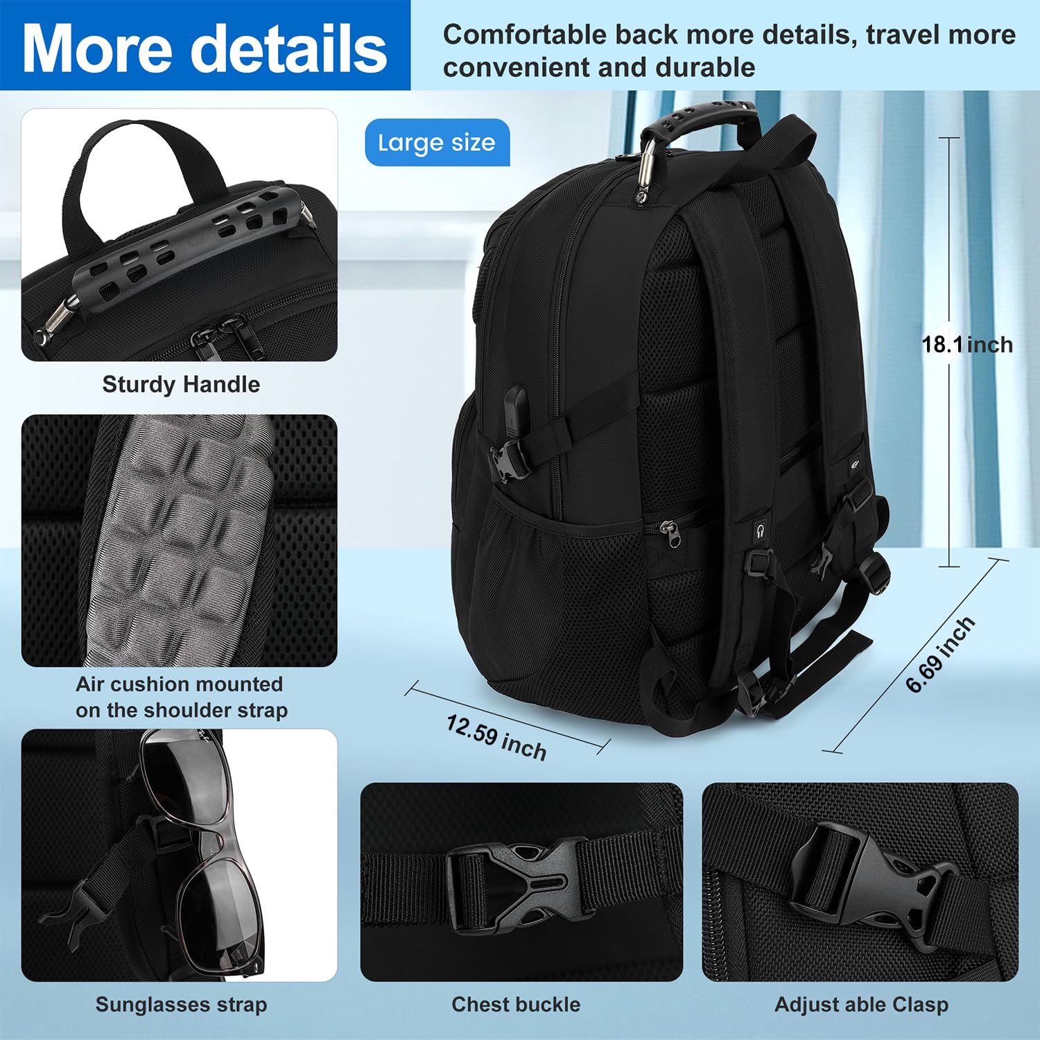 INSAVANT 15.6 Inch Water Resistant Anti-Theft Laptop Backpack with USB Charging Port - Durable College Travel Daypack for Men & Women - Perfect for Work, School, Commuting & Business Trips (15.6 Inch, 703 Black)