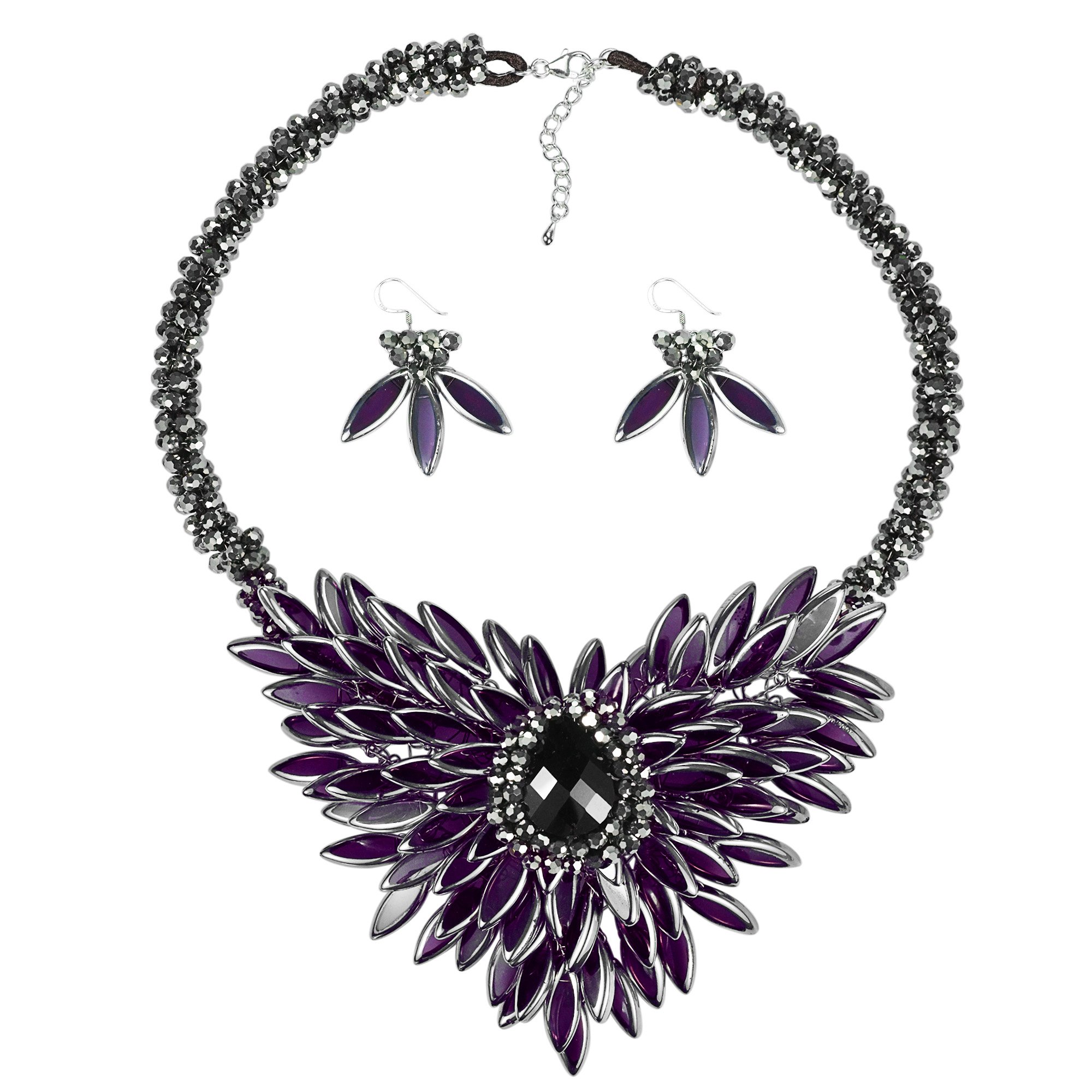 Baroque Hidden Floral Purple Glass Necklace and Earrings Jewelry Set for Women - Elegant Vintage Dangle Earrings with Matching Pendant Necklace - Perfect for Weddings, Parties & Special Occasions