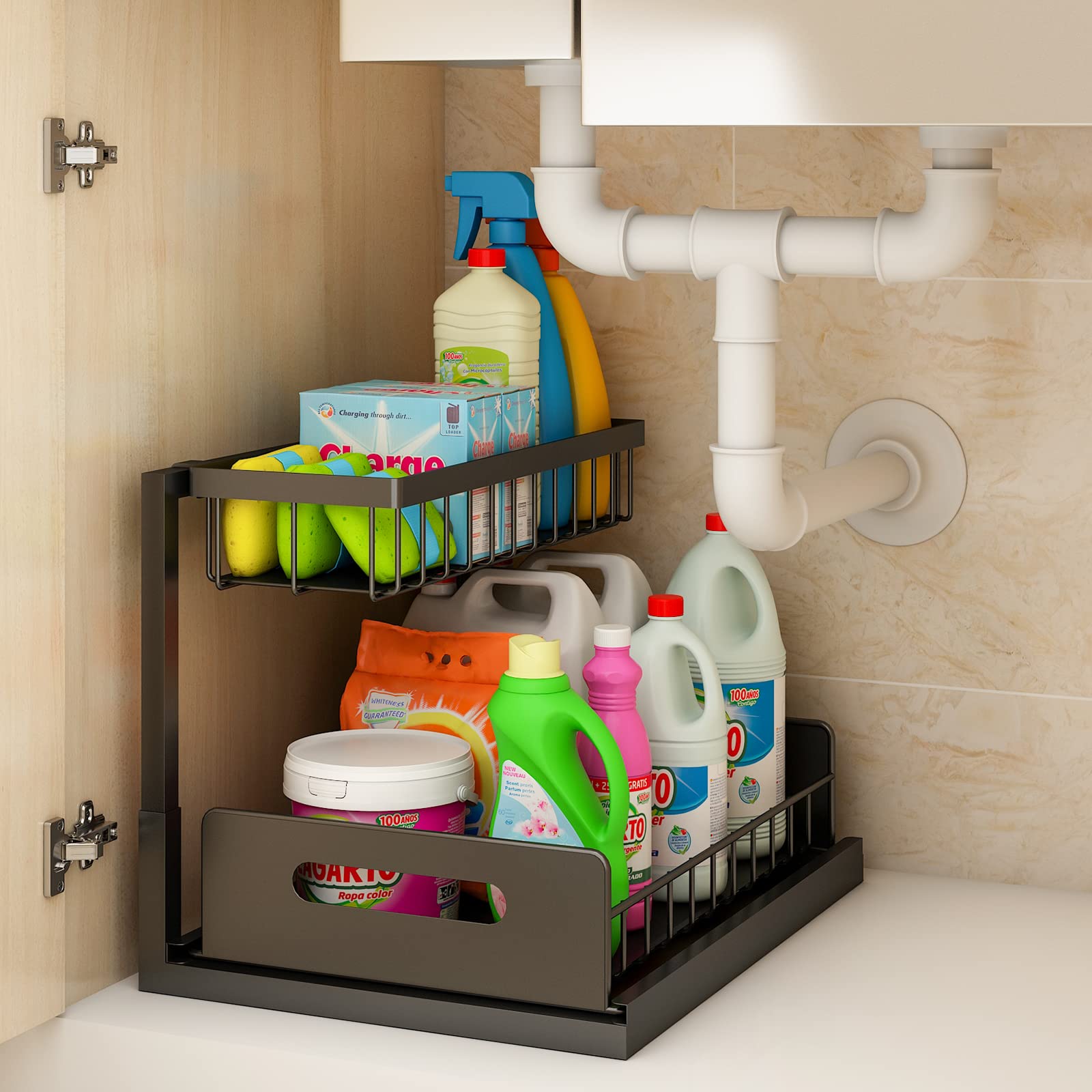 Under Sink Organizer with Sliding Drawer - 2 Tier Pull Out Cabinet Shelf for Kitchen & Bathroom Storage - Black Space Saving Solution (10.4