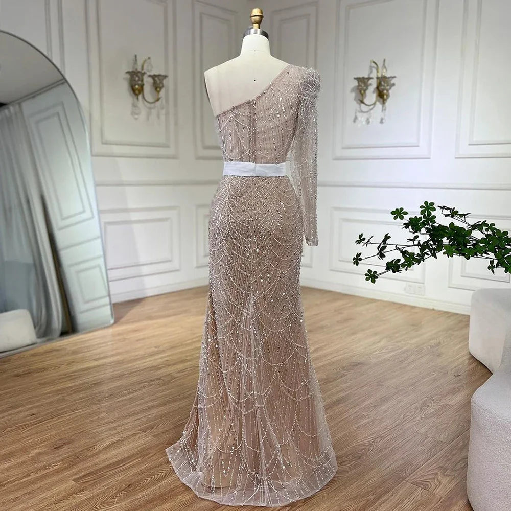 Elegant White One Shoulder Mermaid Evening Gown with Beaded Details - Luxury Formal Dress for Women - Perfect for Weddings, Galas & Special Occasions