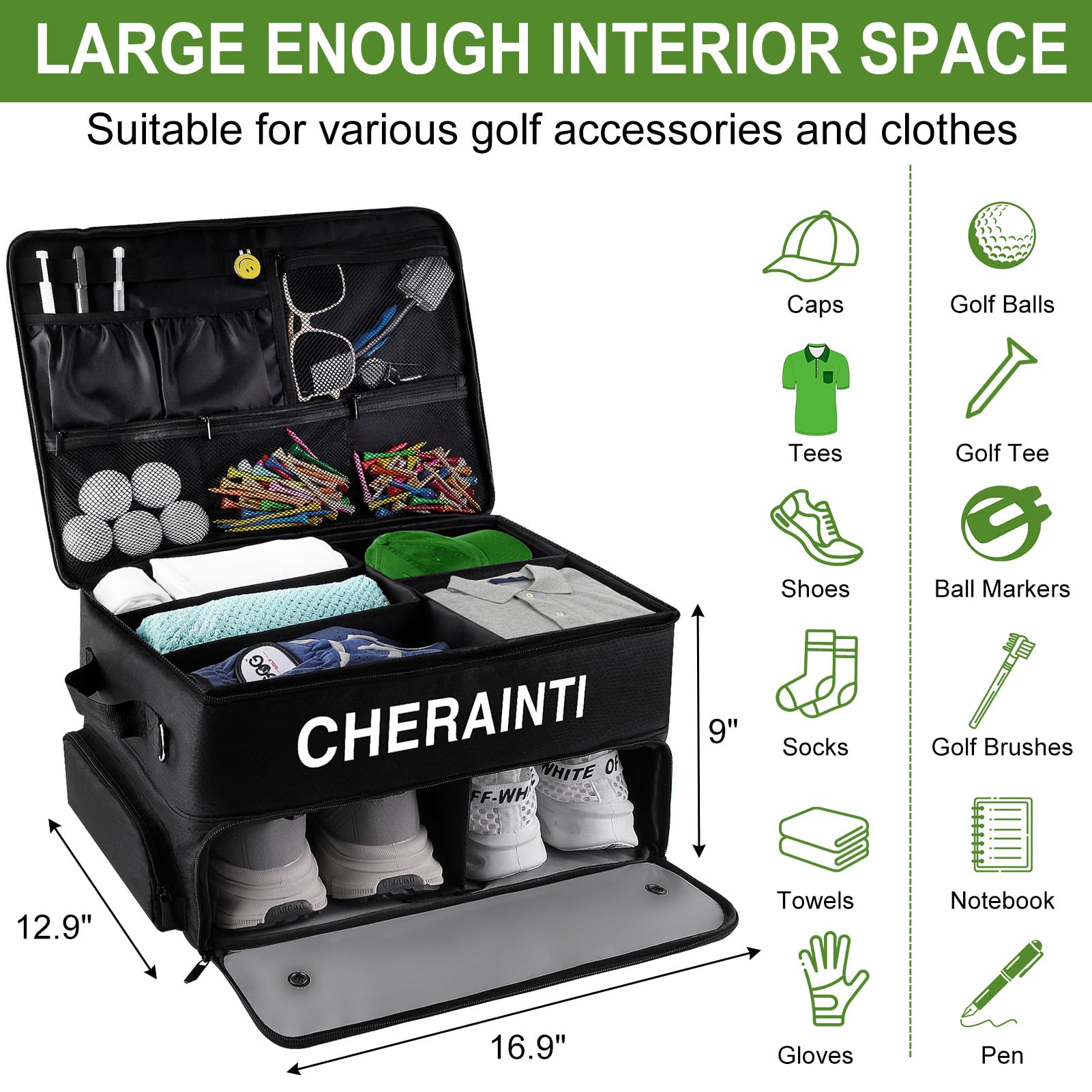 CHERAINTI 2-Layer Waterproof Golf Trunk Organizer for Car - Ventilated Shoe Storage Bag with Separate Compartment | Golf Accessories Gift for Men & Women | Perfect for Road Trips & Golf Course Storage