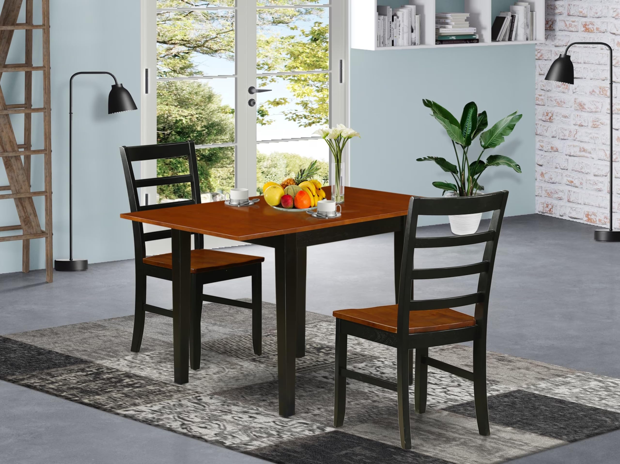 East West Furniture NDPF3-BCH-W 3-Piece Dining Set with Drop-Leaf Table & 2 Chairs, 30x48 Inch, Black & Cherry Finish – Perfect for Small Kitchens, Breakfast Nooks, and Apartments