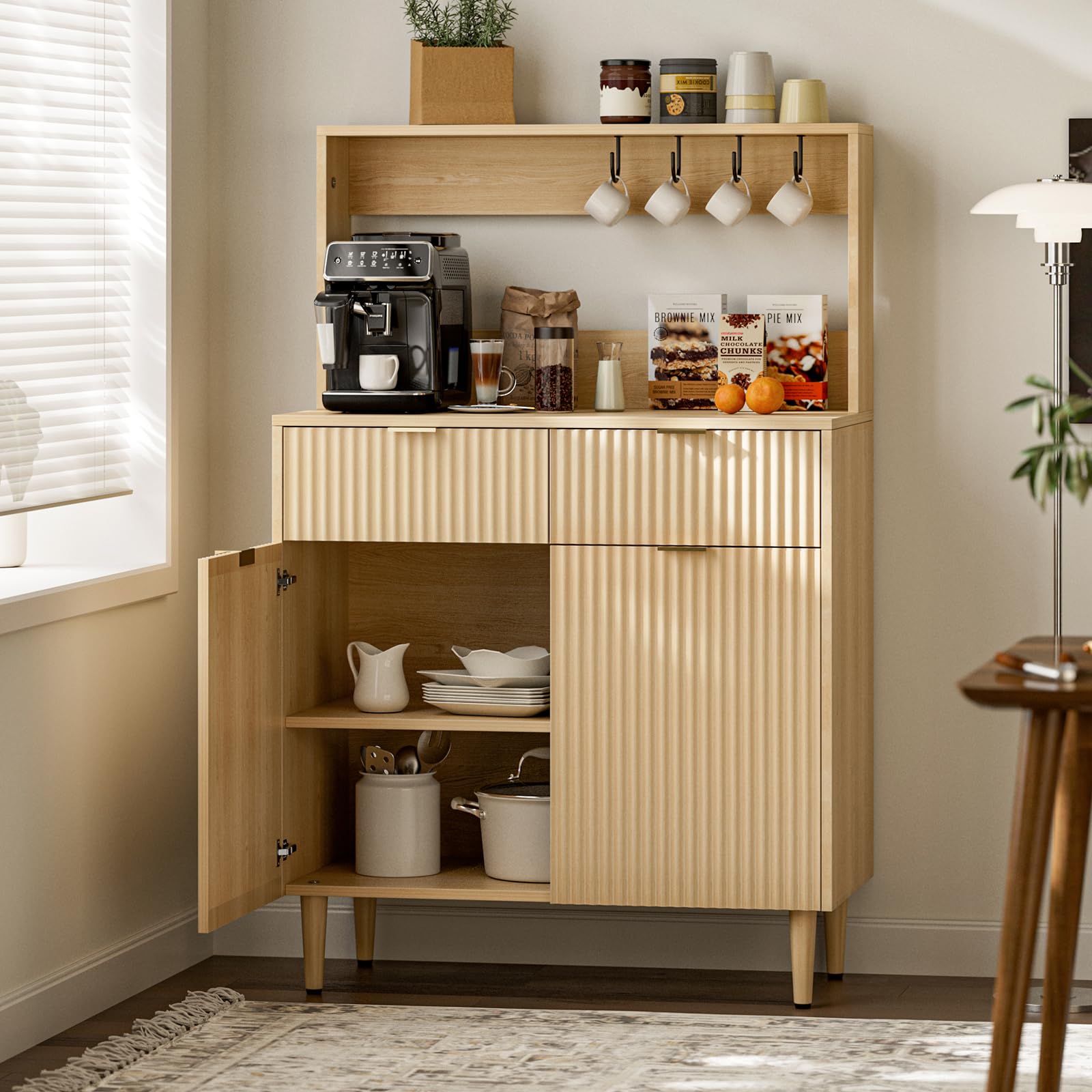 Modern Sideboard Buffet Cabinet with Storage - Fluted Door Coffee Bar Cabinet with Drawers, Shelves & Hooks - Kitchen, Dining Room & Living Room Storage Solution - Perfect for Entertaining, Displaying Decor & Organizing Essentials