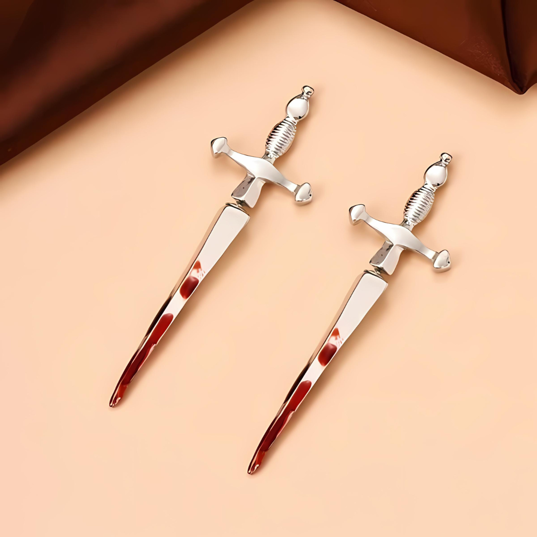 Gothic Cross Sword Bloodstain Dagger Ear Jacket Stud Earrings for Women | B2038 | Perfect for Halloween, Cosplay, and Gothic Fashion Accessories