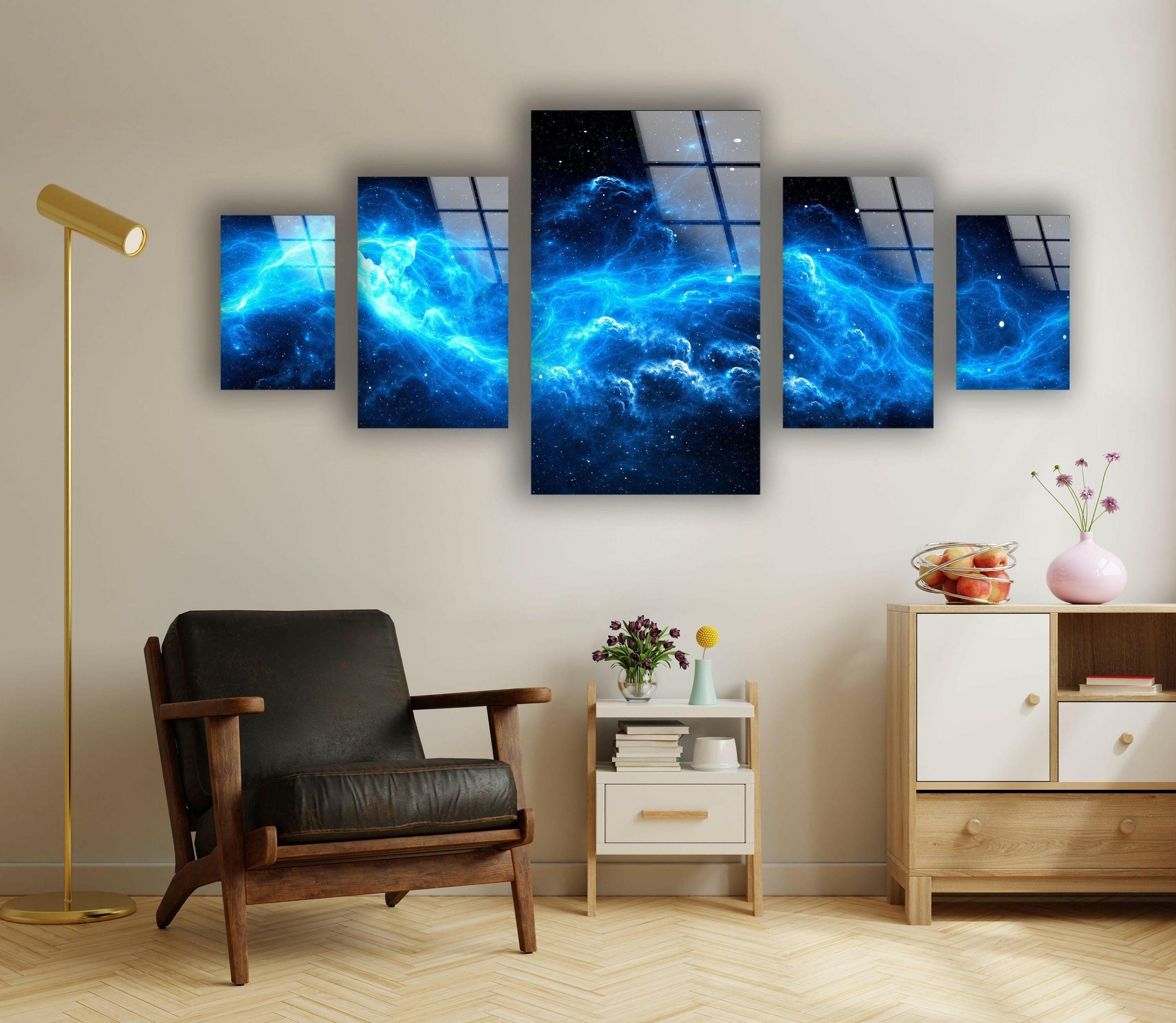 Blue Starry Cloudy Galaxy Glass Wall Art - Handmade Celestial Decor for Living Room, Bedroom & Office - Perfect for Home & Office Décor