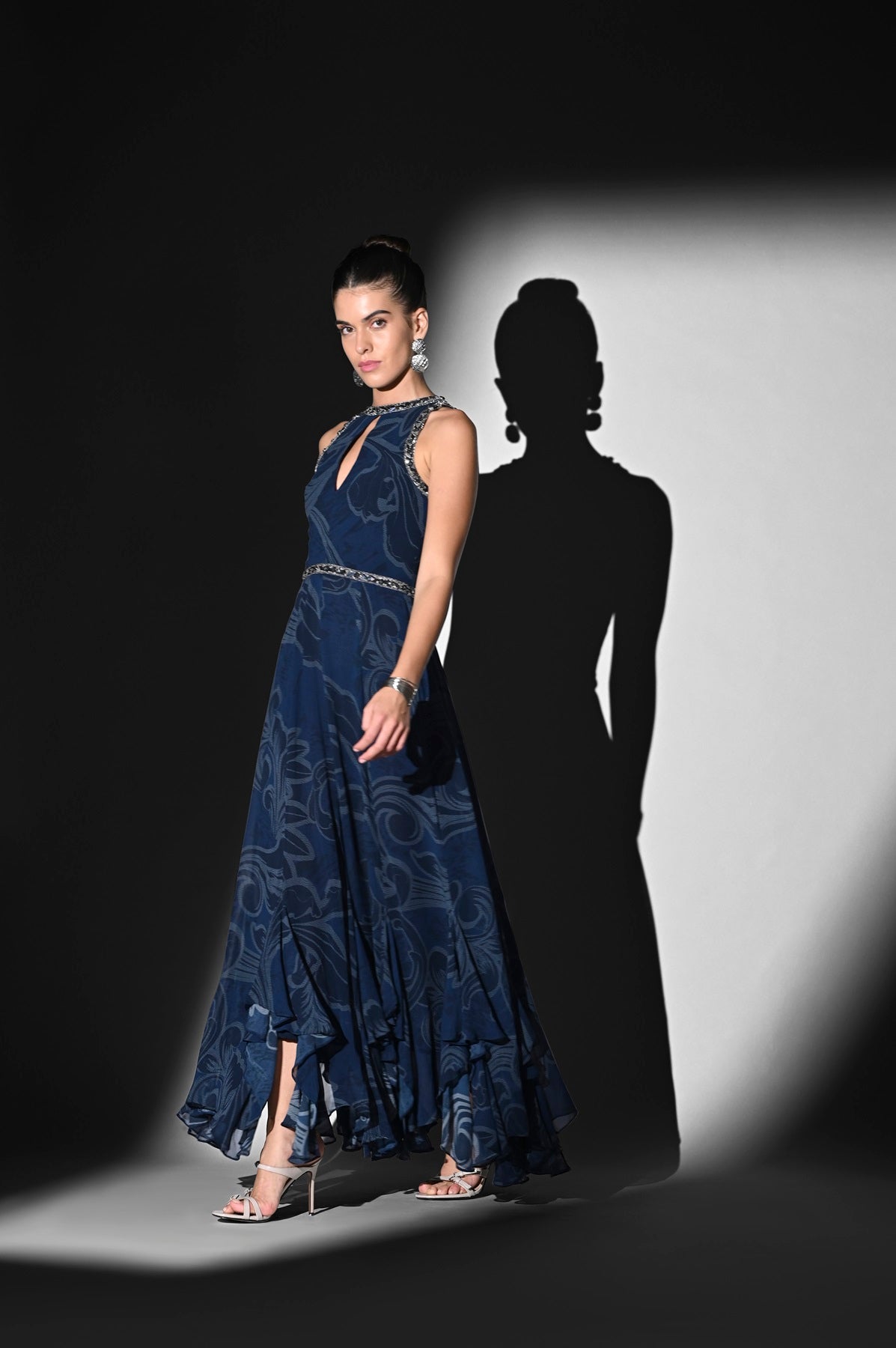 Indigo Swirl Print Dress with Silver Glass Cut Pipe Embroidery - Elegant Boho Chic Dress for Women, Perfect for Weddings, Parties & Summer Vacations