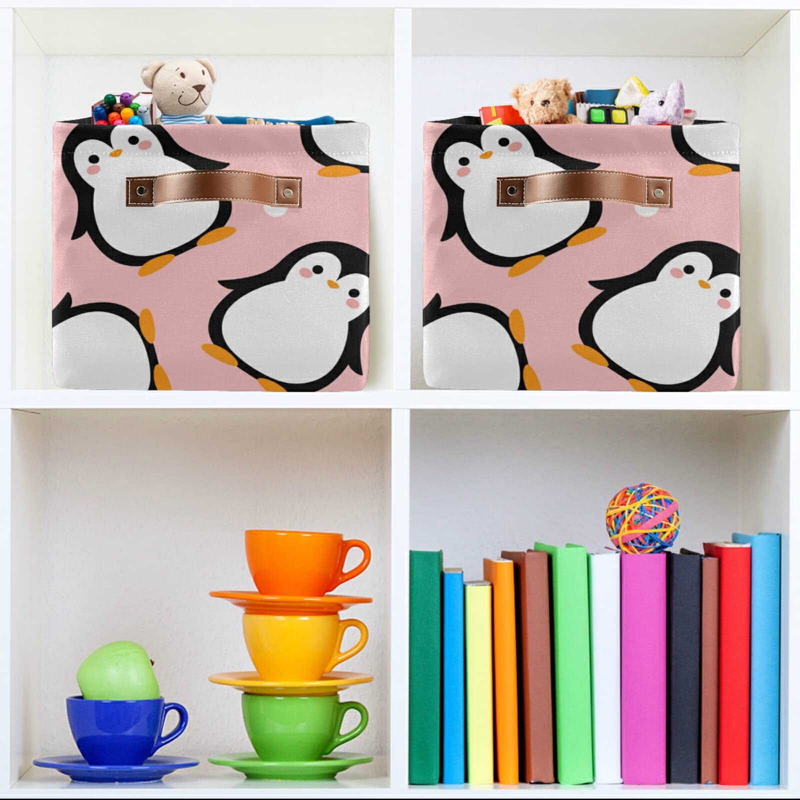 Adorable Penguin Storage Basket with Pink & White Dots - Large Collapsible Organizer Bin with PU Handles for Nursery, Closet, Laundry & Home Organization (1-Pack) - Perfect for Kids' Room Decor & Toy Storage