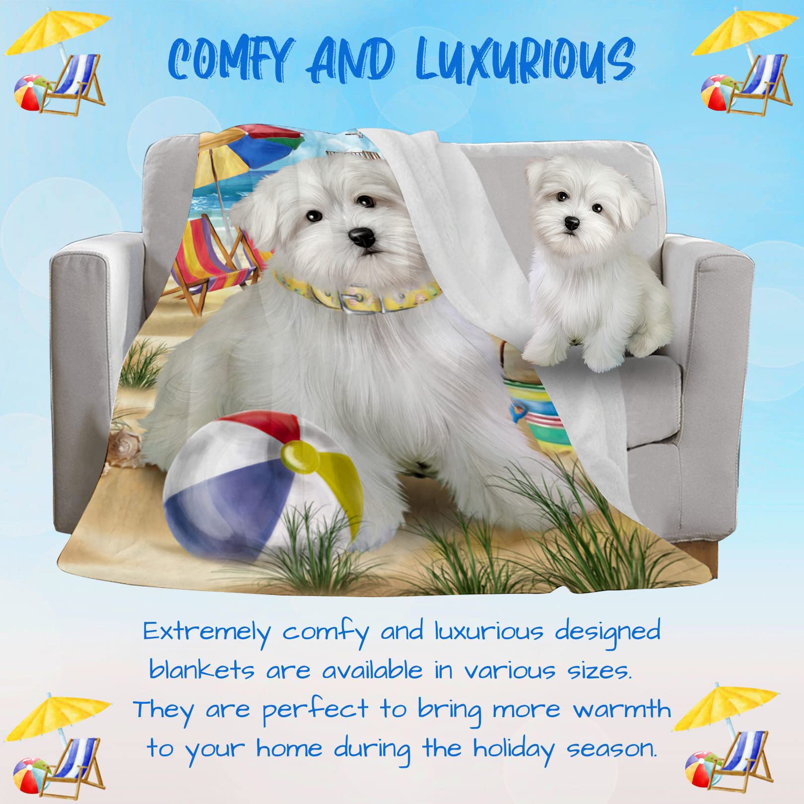 Premium Pet Friendly Beach Maltese Dog Blanket - Ultra Soft Lightweight Cozy & Durable Pet Blanket - Animal Print Fuzzy Throw for Dogs, Cats, Sofa, Bed, Couch (50x60 Inches Woven) - Perfect for Travel, Lounging & Cuddling