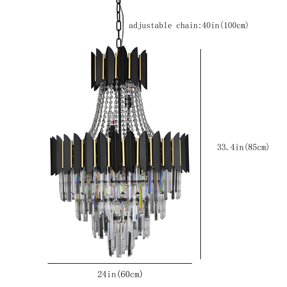 Modern Black 4-Tier Round Crystal Chandelier - 14 Lights Dimmable LED Ceiling Fixture with Raindrop Pendants - 24 Inch Contemporary Lighting for Dining Room, Living Room, Foyer, Bedroom & Entryway - Elegant Home Decor for Weddings, Restaurants and Luxury Spaces