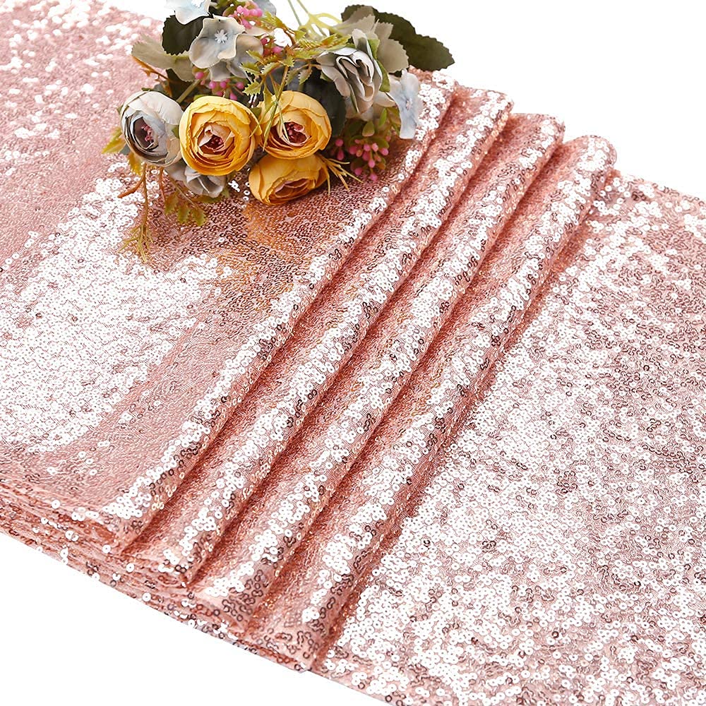 10 Pack Rose Gold Sequin Table Runners 12x108 Inch - Glitter Sparkle Table Covers for Wedding, Birthday, Christmas, Holiday Decorations - Perfect for Party, Banquet, and Special Event Decor