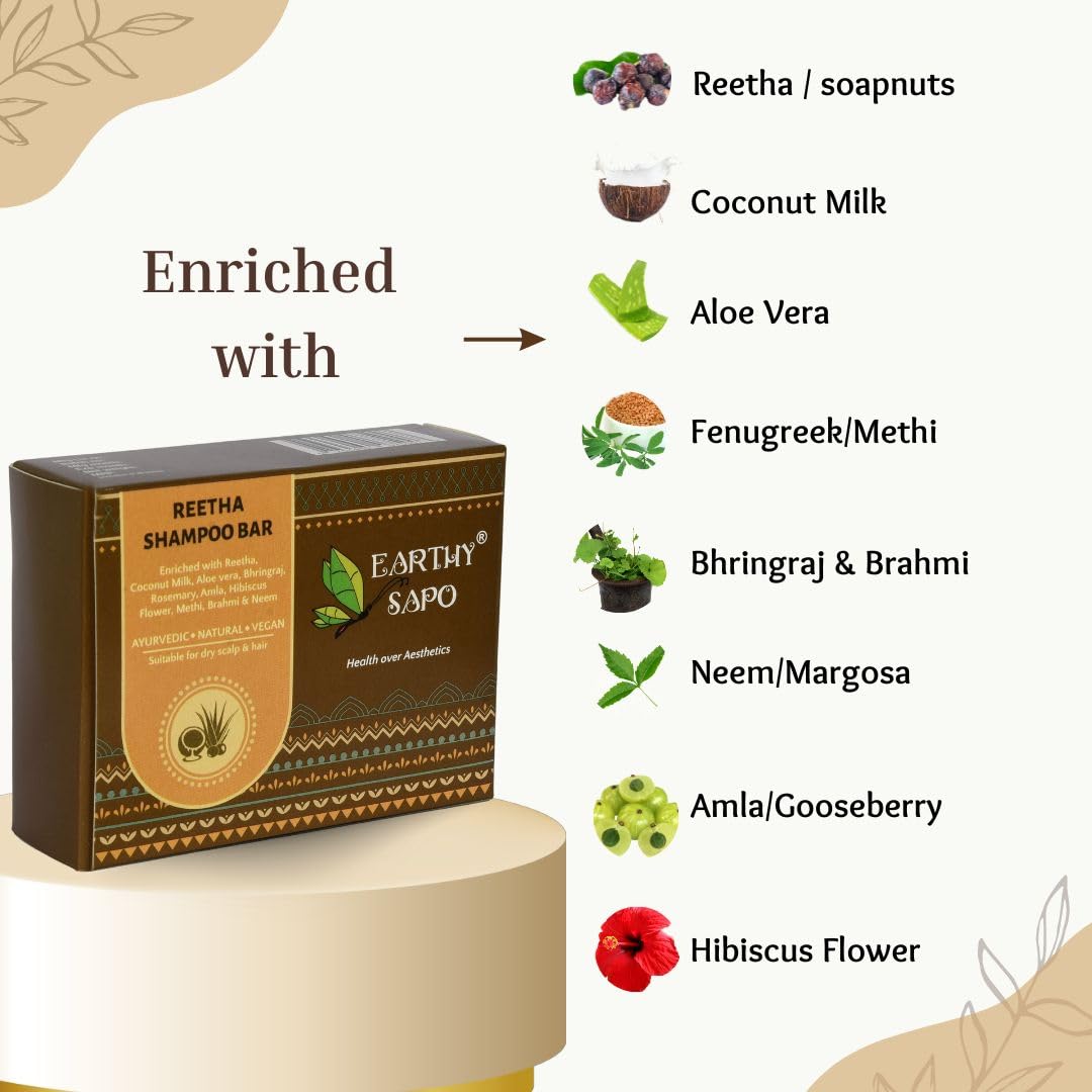 Organic Reetha Shampoo Bar for Dry Hair - 100g Ayurvedic Hair Care with Coconut Milk | Vegan, Chemical-Free, Eco-Friendly Handmade Shampoo | Perfect for Travel, Camping & Zero-Waste Lifestyle
