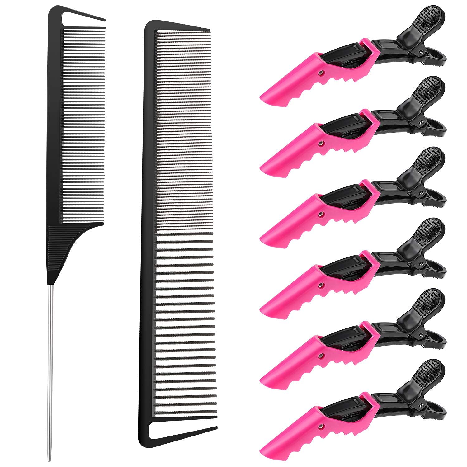 8-Piece Rat Tail Comb & Hair Clip Set - 2 Wide & Fine Teeth Parting Combs + 6 Hair Clips for Women & Girls | Perfect for Styling, Detangling & Hair Care at Home or Salon