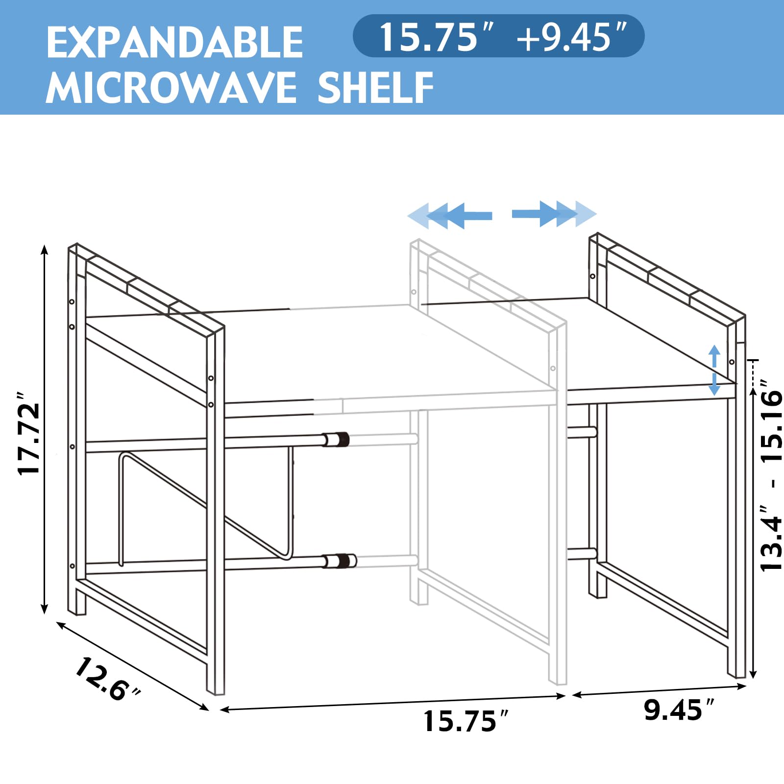 Extendable 2-Tier Stainless Steel Microwave Oven Rack with 4 Hooks - Adjustable Countertop Shelf Organizer for Kitchen Utensils & Tableware Storage - Perfect for Small Spaces, Microwave Stands, and Countertop Organization