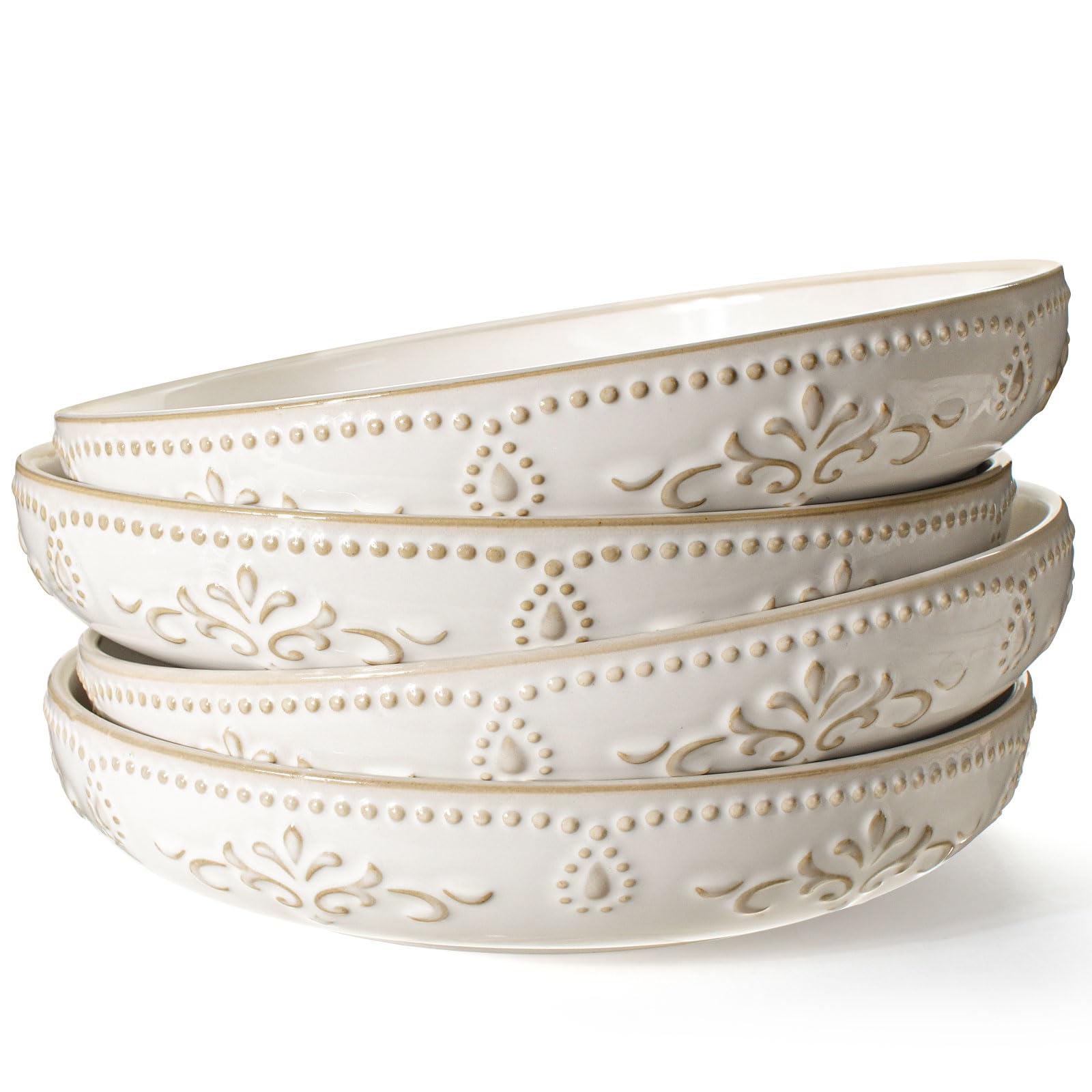 Artena Pasta Bowls Set of 4 - 50oz Large White Ceramic Salad & Soup Bowls - 9.75'' Embossed Shallow Dinner Plates - Microwave & Dishwasher Safe - Floral Damask Design - Perfect for Family Dinners, Entertaining Guests & Restaurant-Style Serving