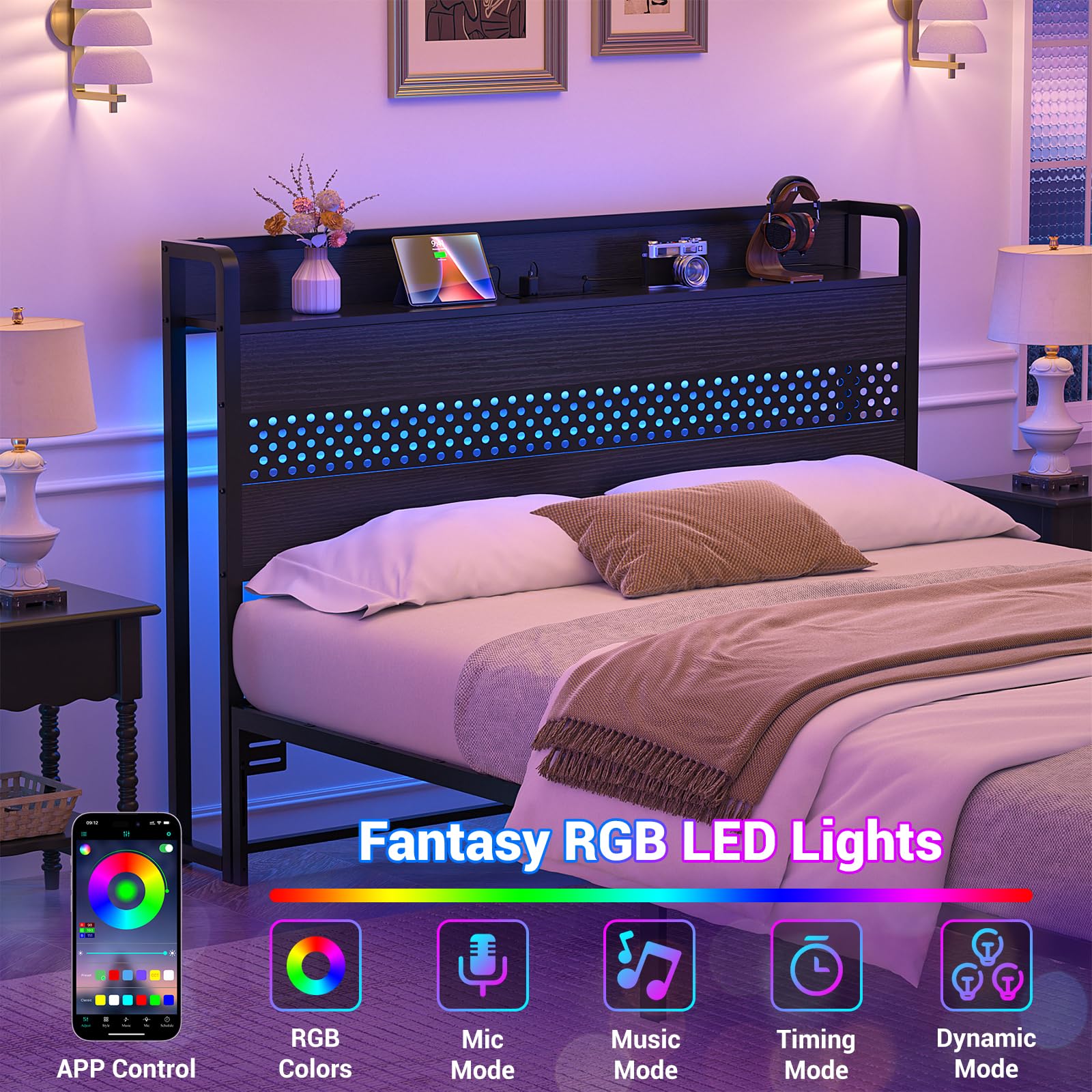 Aheaplus Full Size Headboard with USB Ports, Power Outlets & LED Lights - Adjustable Height, Storage Shelf, Sturdy Metal Frame - Perfect for Bedroom, Dorm, Guest Room (Black)