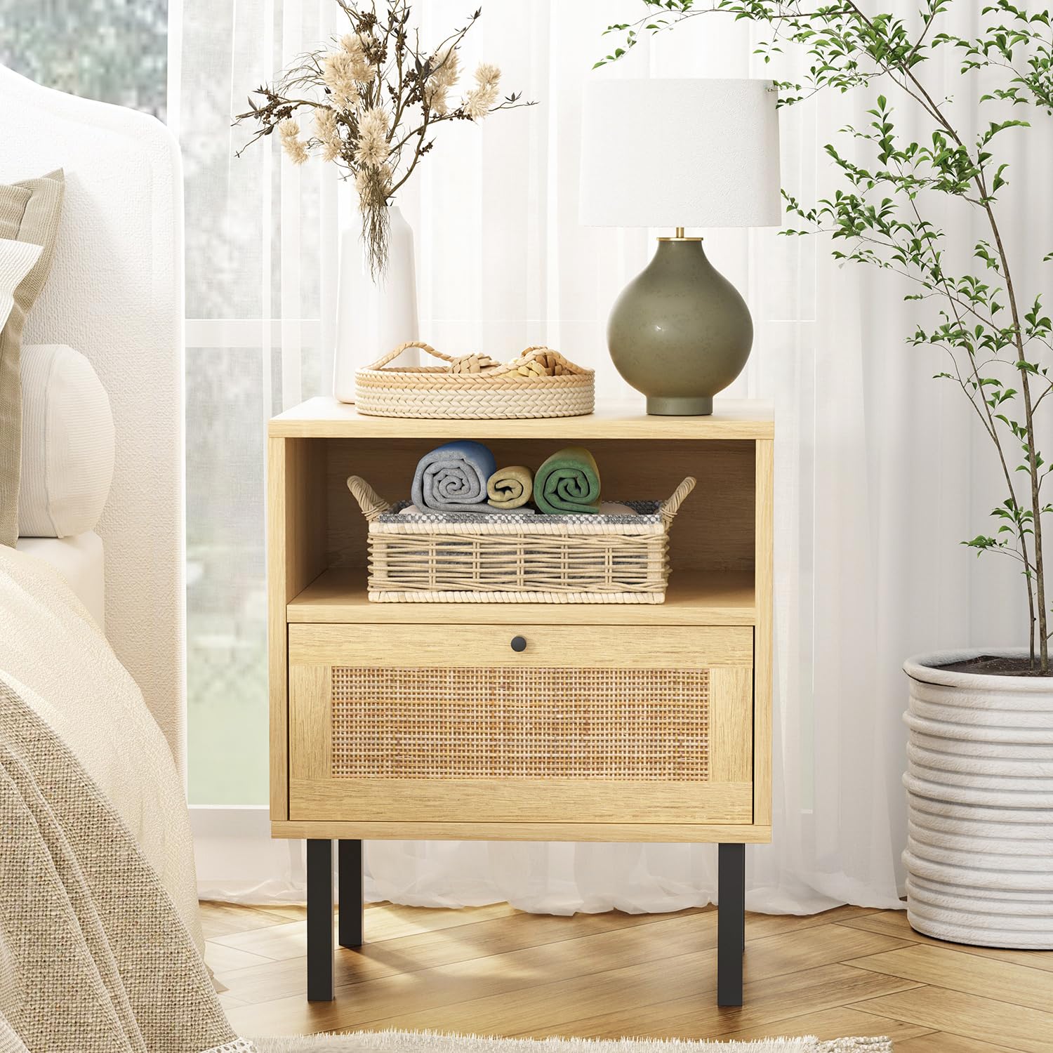 Rattan Nightstands Set of 2 - Boho Bedside Tables with 1 Door & Open Shelf, Natural Wood End Tables with Metal Legs - Perfect for Bedroom, Living Room, or Guest Room Decor