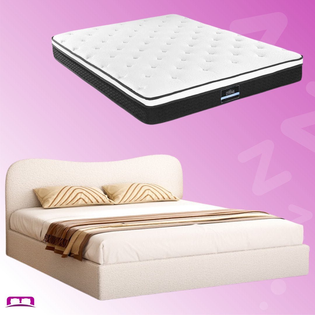 King Size Albany Boucle Bed Frame & Bonita Euro Top Mattress Set - Medium Firm Support for Back Pain Relief - Perfect for Master Bedroom, Guest Room & Apartment Sleeping