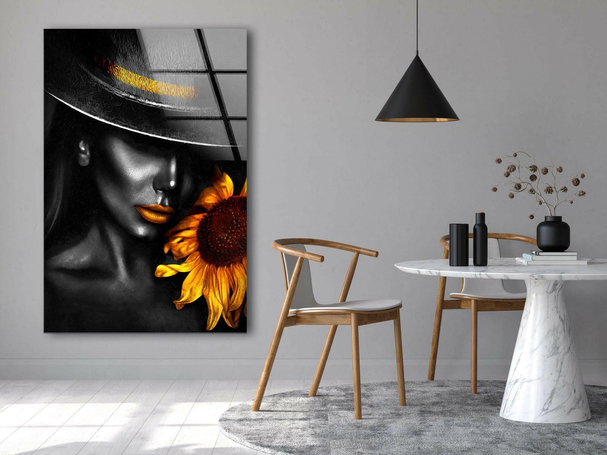 Black Woman and Sunflower Glass Wall Art - Elegant Home Decor for Living Room, Bedroom & Office - Perfect Gift for Housewarming, Birthday & Mother's Day