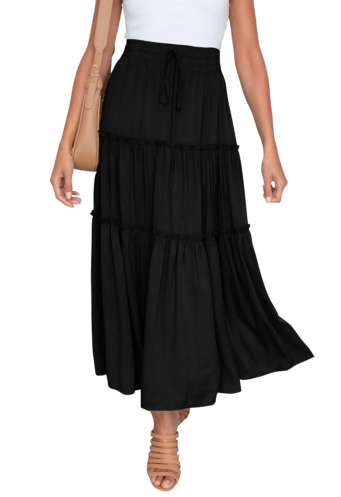 MYONE Women's High Waisted Elastic Maxi Skirt with Pockets - Drawstring Ruched Tiered Swing Skirt for Casual Wear, Beach, Travel & Date Night