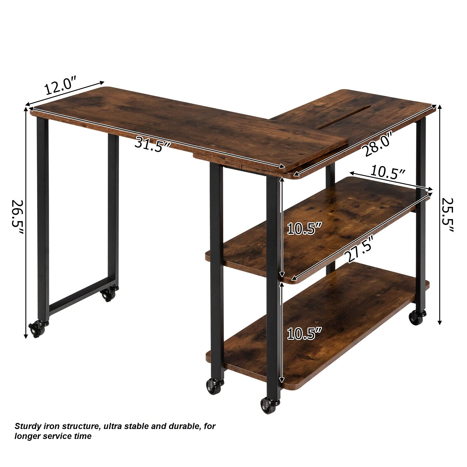 360° Rotating Rustic Brown L-Shaped Side Table with 2-Tier Storage Shelf - End Table, Bookcase & Laptop Workstation for Living Room, Office & Study - Sturdy Metal Frame Design