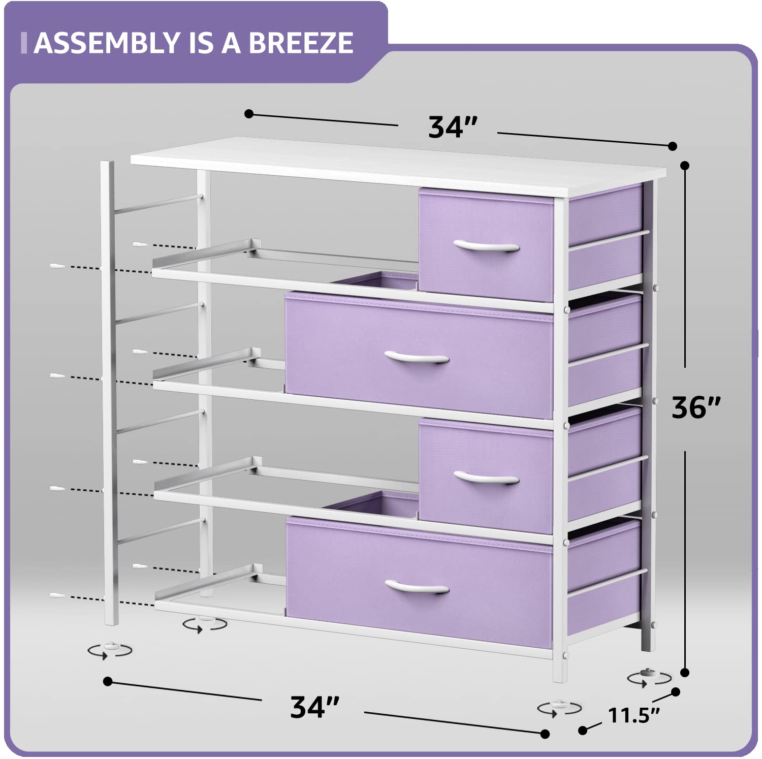Sorbus 8-Drawer Dresser with Steel Frame & Wood Top - Kids Bedroom Storage Organizer for Clothes, Toys, Nursery & Playroom - Purple Fabric Bins - Perfect for Teens Room, Dorm & Home Organization