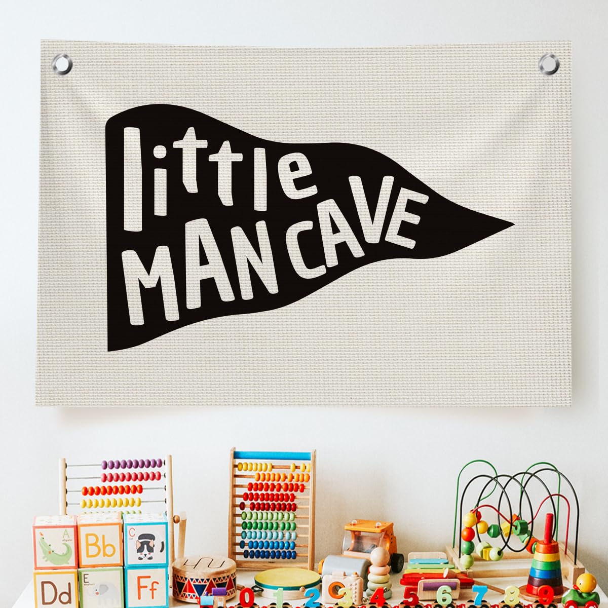 Little Man Cave Decor - Boys Nursery Wall Hanging Banner Set for Bedroom, Playroom & Dorm | Canvas Wall Flags for Toddler & Baby Boys Room | Perfect for Birthday Parties, Baby Showers & Nursery Themes