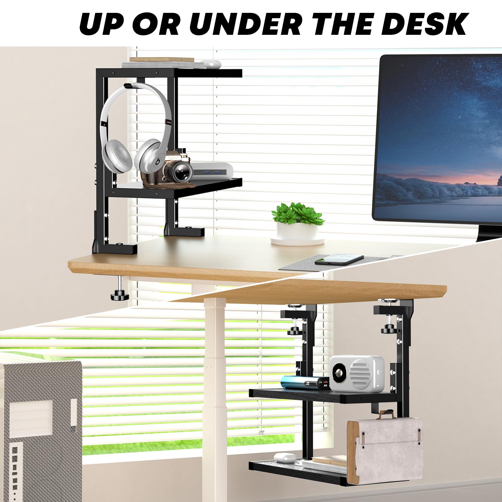 PUTORSEN 2-Tier Clamp-On Desk Shelf Organizer - Adjustable Height Monitor Stand with Hooks for Office, Gaming & Home Workspace - Black - Perfect for Desk Organization & Space Saving