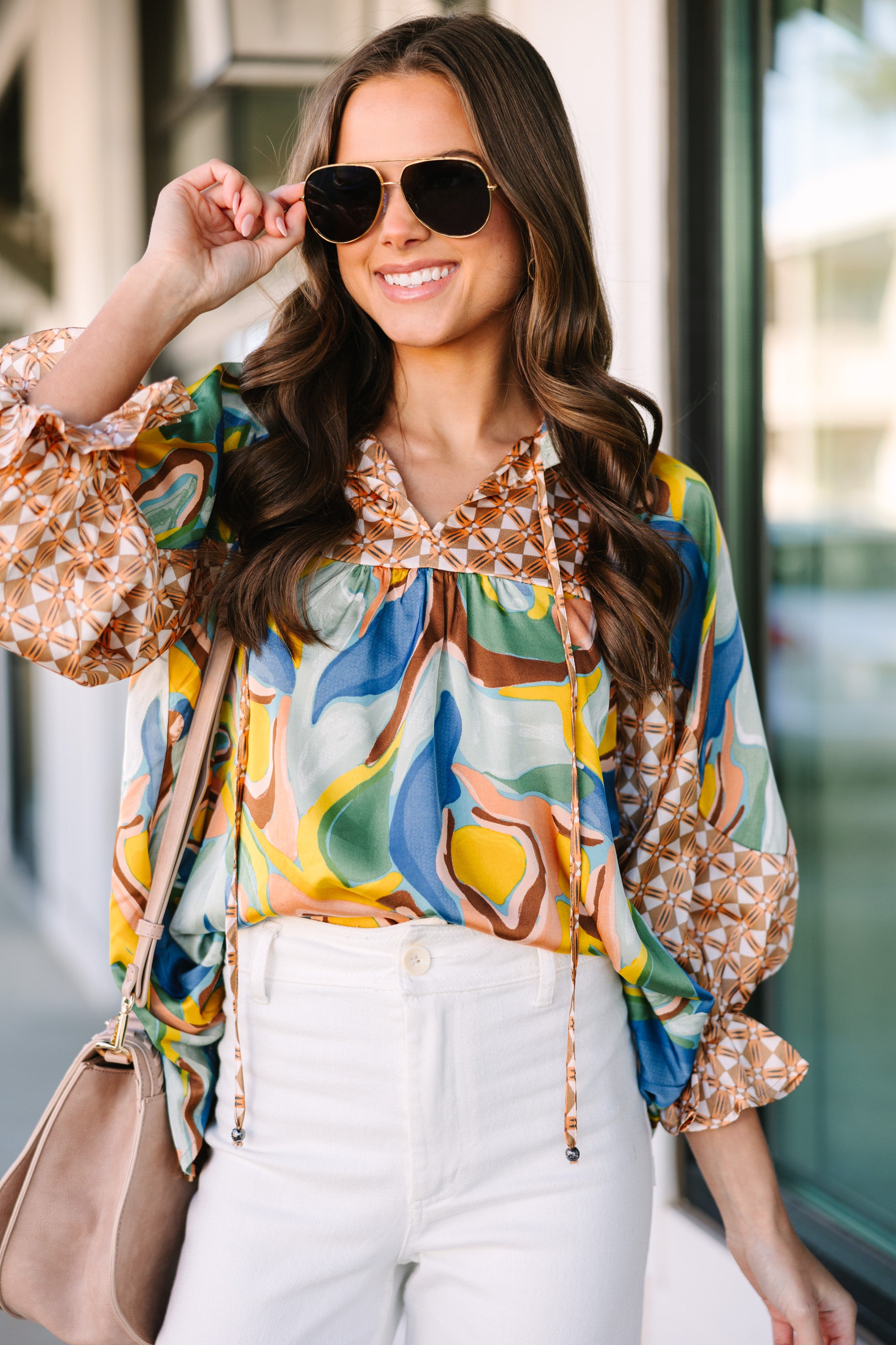 Stylish Brown Abstract Print Blouse for Women - Perfect for Casual Outings, Office Wear & Date Nights