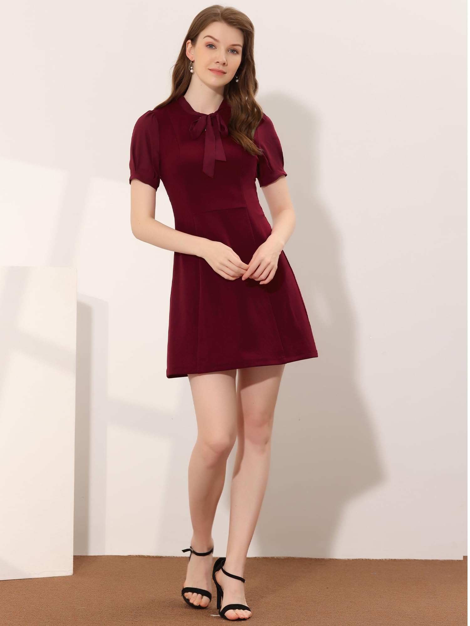 Allegra K Women's Elegant Tie Neck Puff Sleeve Office Dress - Professional Work Attire for Business Meetings & Office Wear