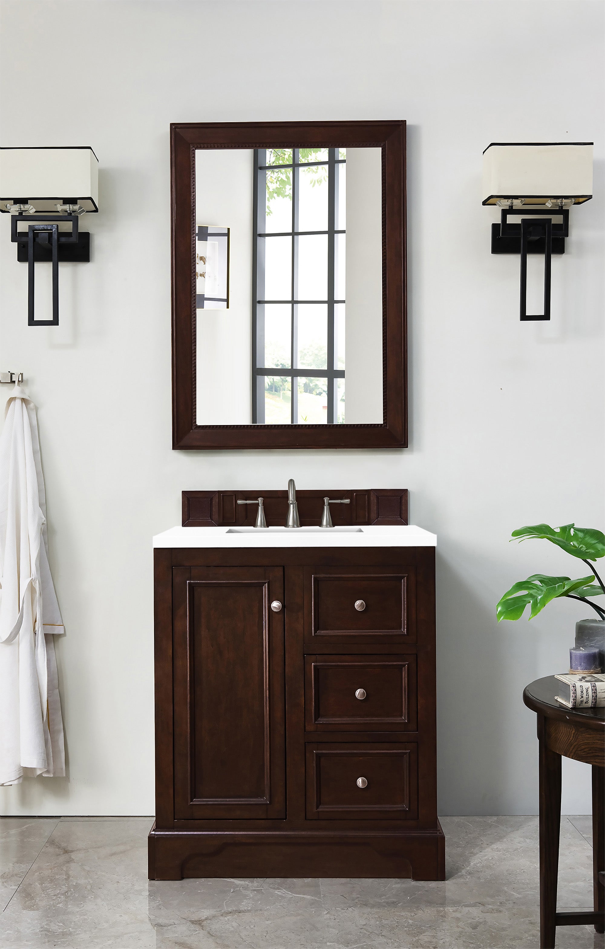 De Soto 30 Inch Single Bathroom Vanity with Burnished Mahogany Finish & 3CM Classic White Quartz Countertop - Perfect for Modern Home Bathroom Renovation and Small Space Design
