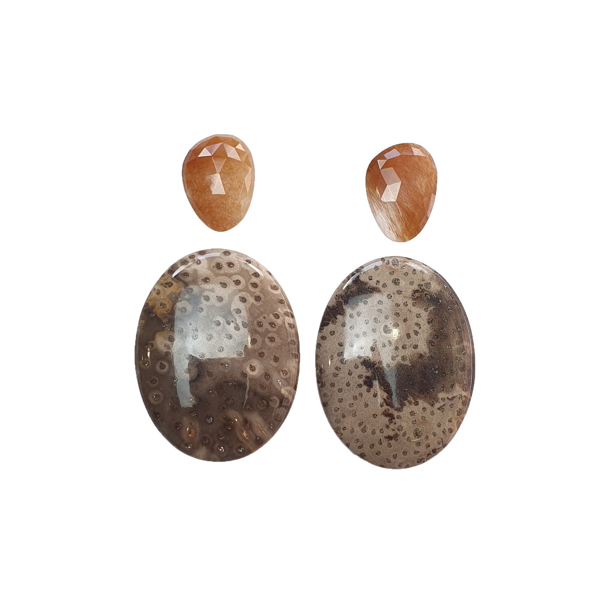 Natural Untreated Botswana Agate Sunstone & Peach Moonstone Gemstone Rose Cut Cabochon - Bi-Color Agate Egg Oval Shape 4pc Set for Jewelry Making, Wire Wrapping & Crystal Healing