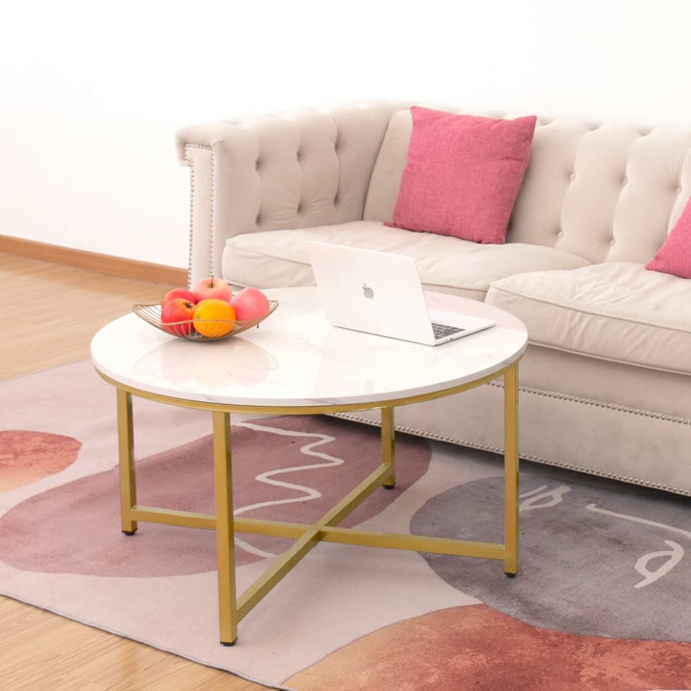 Modern Round Coffee Table with Marble Top & Gold Metal Legs - AZL1 Life Concept Center Table for Living Room, Dining Room | Stylish Sofa Table for Home Decor, Lounge & Office Use
