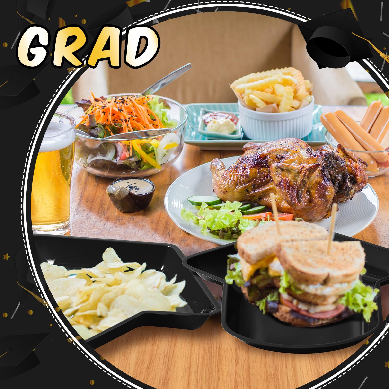 24-Pack Graduation Party Plates - Black Grad Hat Shaped Disposable Plates (11.6