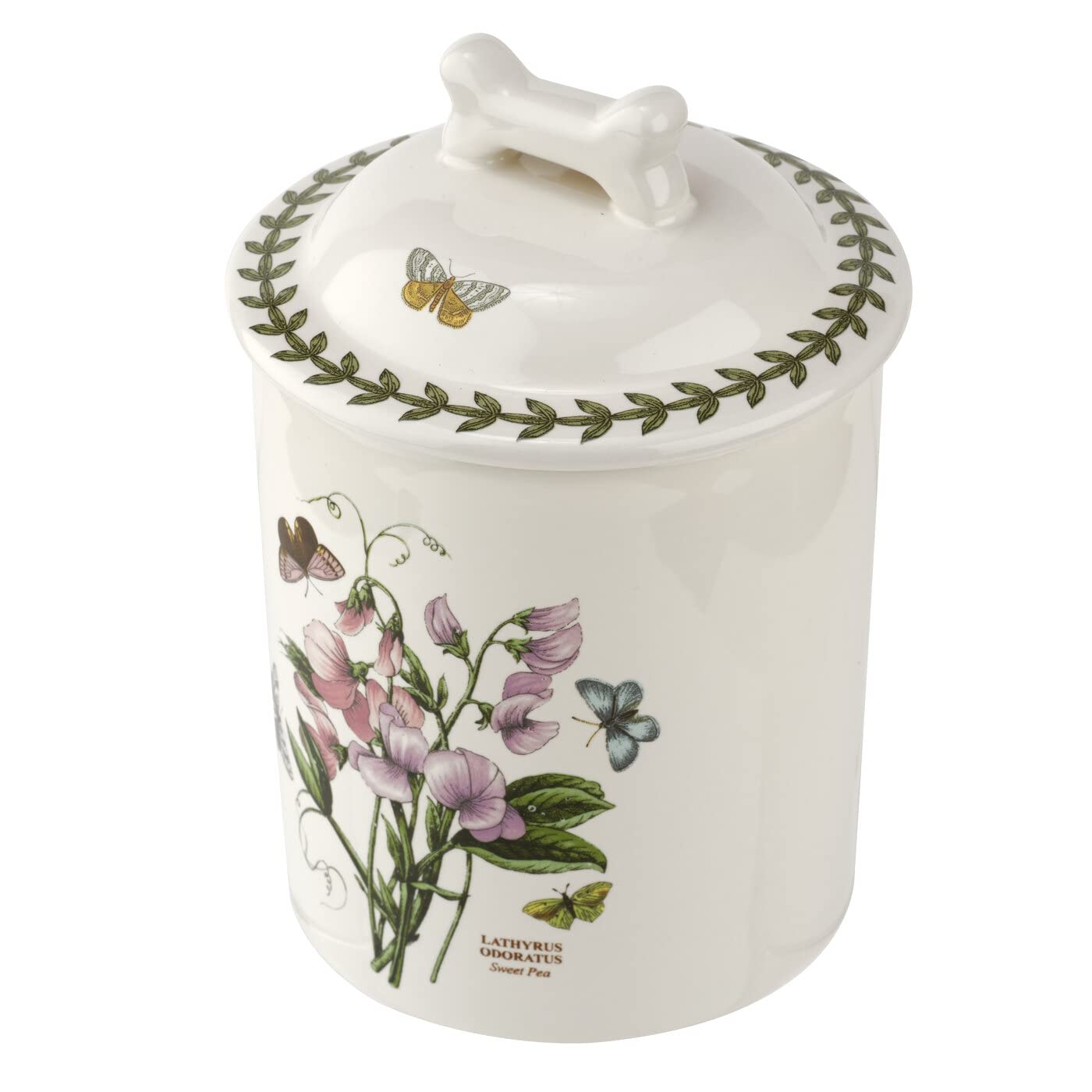Portmeirion Botanic Garden 7-Inch Pet Treat Jar - Sweet Pea Design with Bone-Shaped Handle, Premium Porcelain Pet Food Storage Container - Dishwasher, Microwave & Freezer Safe for Dog Treats, Cat Snacks & Kitchen Organization